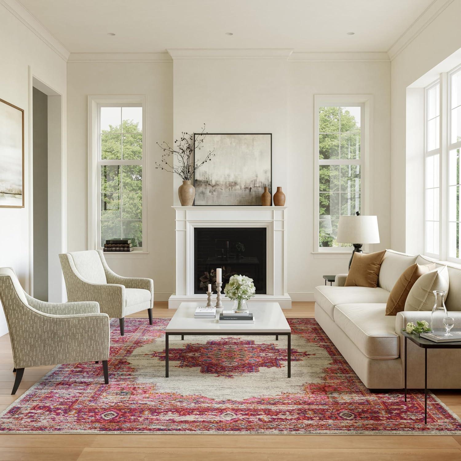 Nourison Passion Medallion Bohemian Indoor Rug Ivory/Fuchsia 8' x 10'