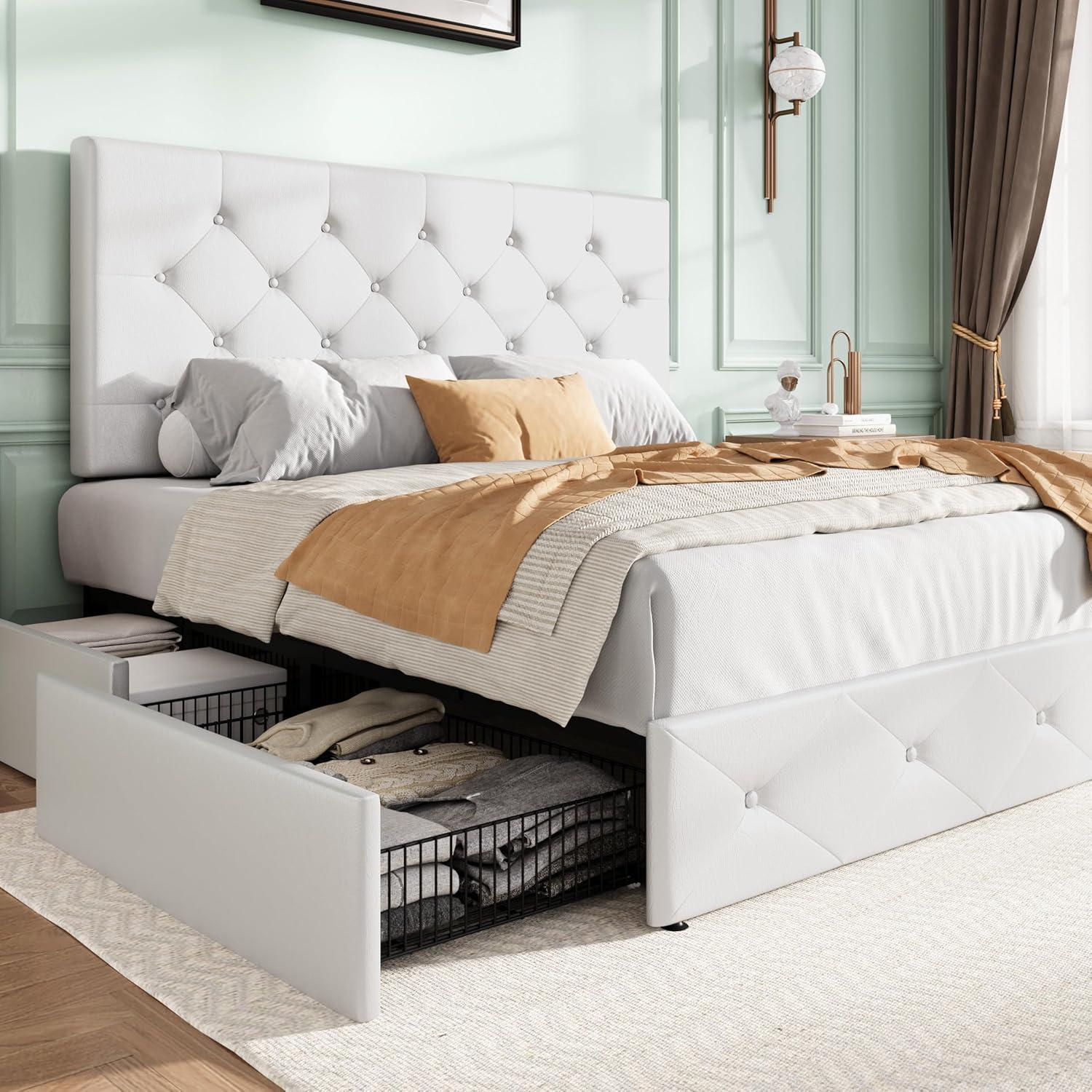 White Full Upholstered Platform Bed with Storage and Tufted Headboard