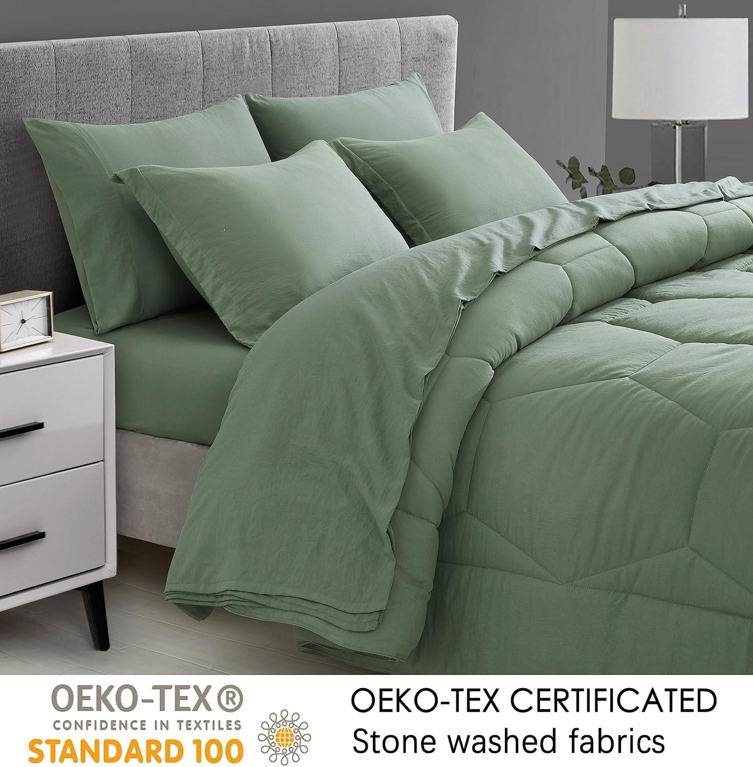 Chezmoi Collection Piper Full Bed in a Bag 7-Pieces Honeycomb Geometric Hexagon Quilted Stone Washed Microfiber Comforter with Sheets Lightweight All Season Bedding Set, Full, Sage Green