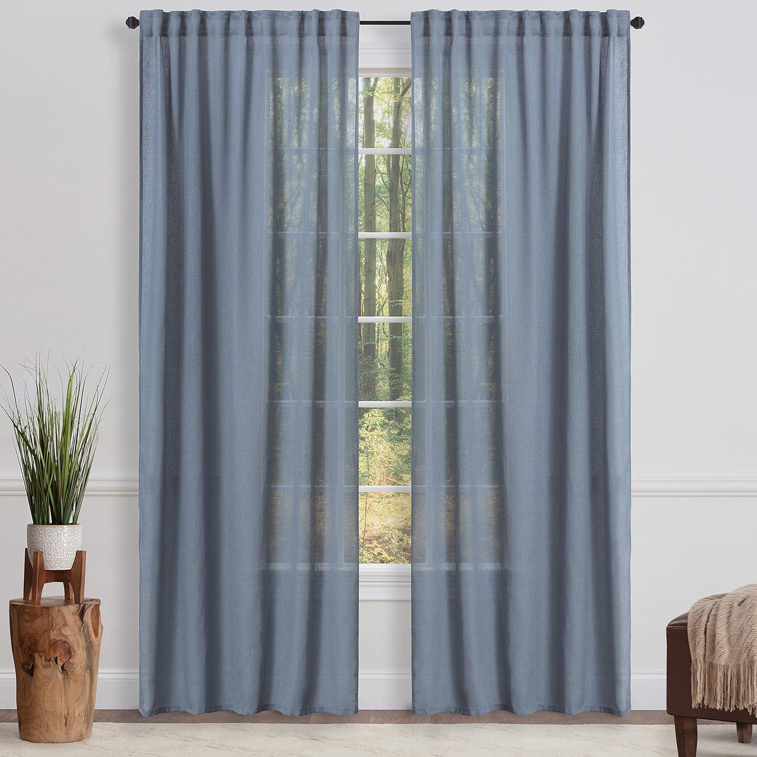 Chanasya 2pk Faux Belgian Flax Semi Sheer Window Curtain Panels - Set of 2 - 52 x 84 Inches Long - Dark Blue
