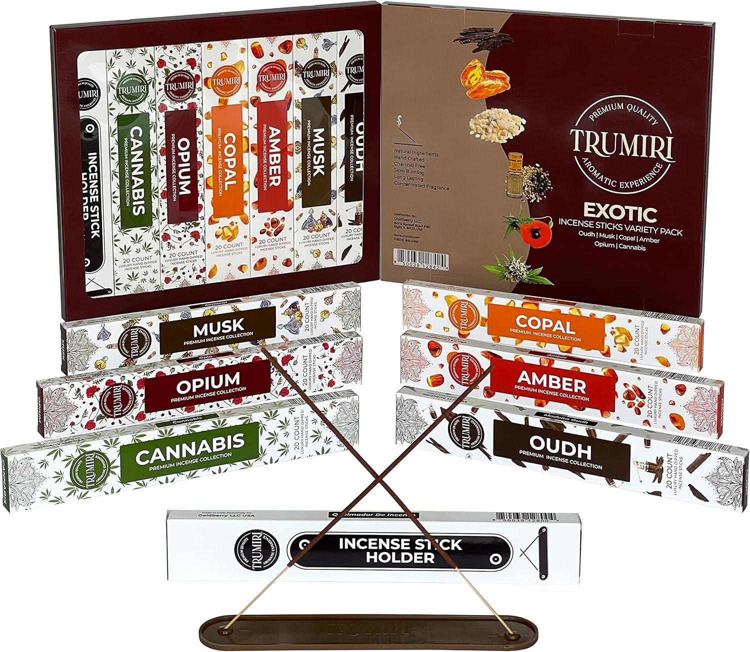 Trumiri Exotic Incense Sticks Variety Pack & Incense Burner - Gift Set - Inciensos Aromaticos - 120 Scented Sticks (6 fragrances x 20 pieces each) - Copal, Amber, Oud, Musk