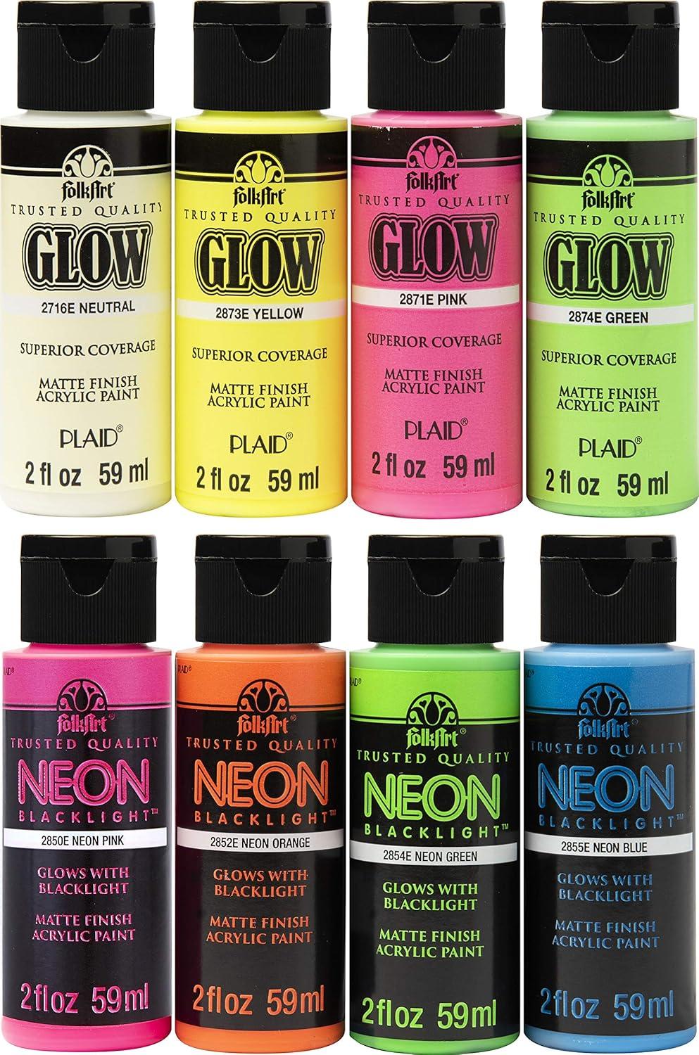 FolkArt Neon and Glow-in-the-Dark Acrylic Paint Set, 8 Colors