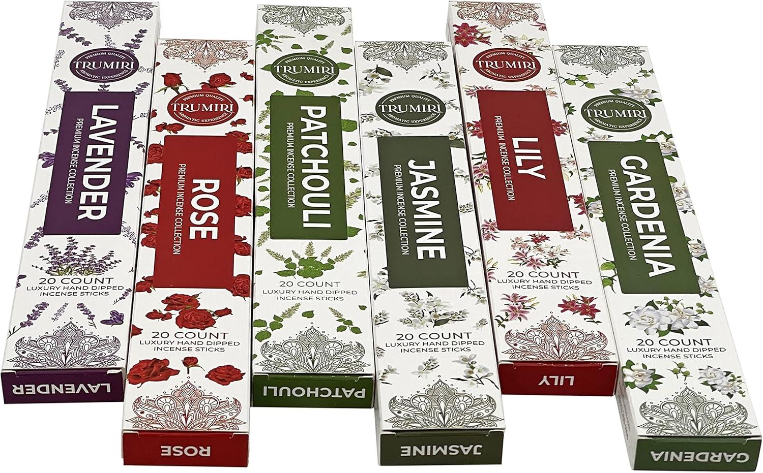 Trumiri Floral Incense Sticks Variety Pack & Incense Burner - Gift Set - 120 Inciensos Aromaticos (6 fragrances x 20 pieces each) - Rose, Lavender, Jasmine, Gardenia, Patchouli, Lily