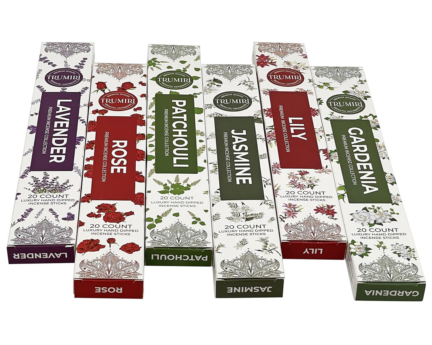 Trumiri Floral Incense Sticks Variety Pack & Incense Burner - Gift Set - 120 Inciensos Aromaticos (6 fragrances x 20 pieces each) - Rose, Lavender, Jasmine, Gardenia, Patchouli, Lily