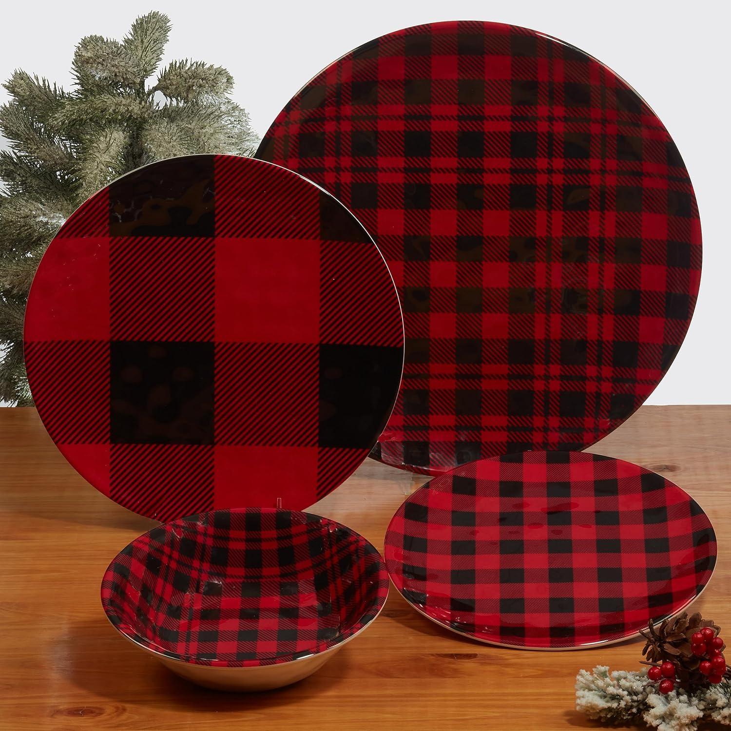 Ruby Red Buffalo Plaid Melamine Round Platter Set