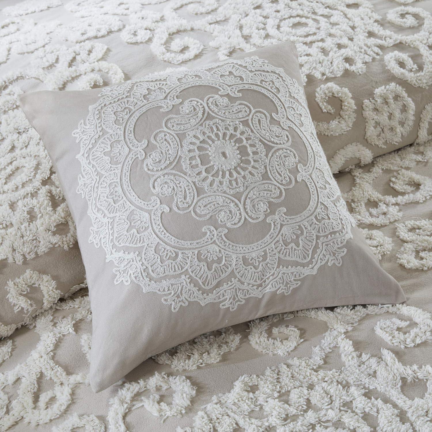 Suzanna Embroidered Medallion 18" Square Taupe Cotton Pillow