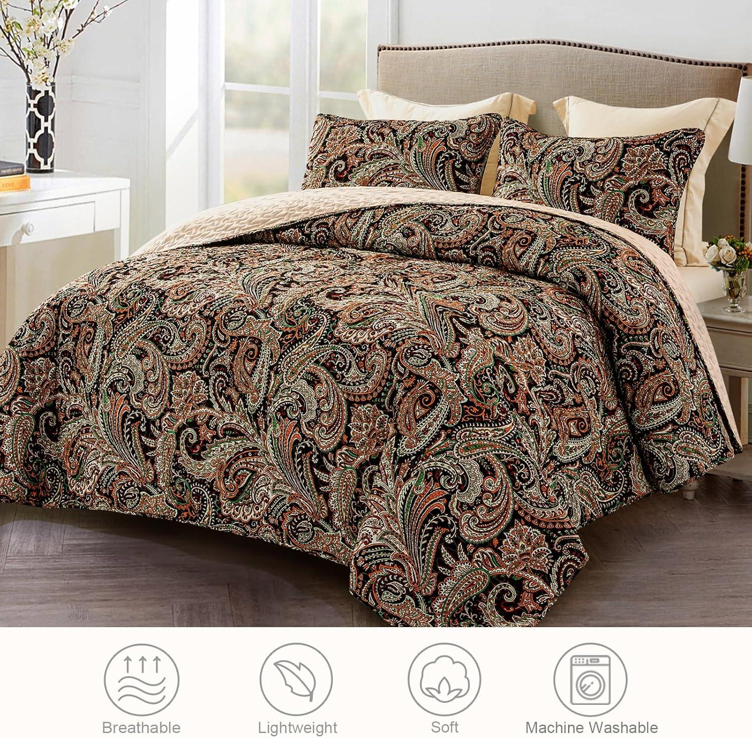 Exclusivo Mezcla 3-Piece Paisley King Size Comforter Set, Microfiber Bedding Down Alternative Comforter for All Seasons with 2 Pillow Shams, Black and Camel