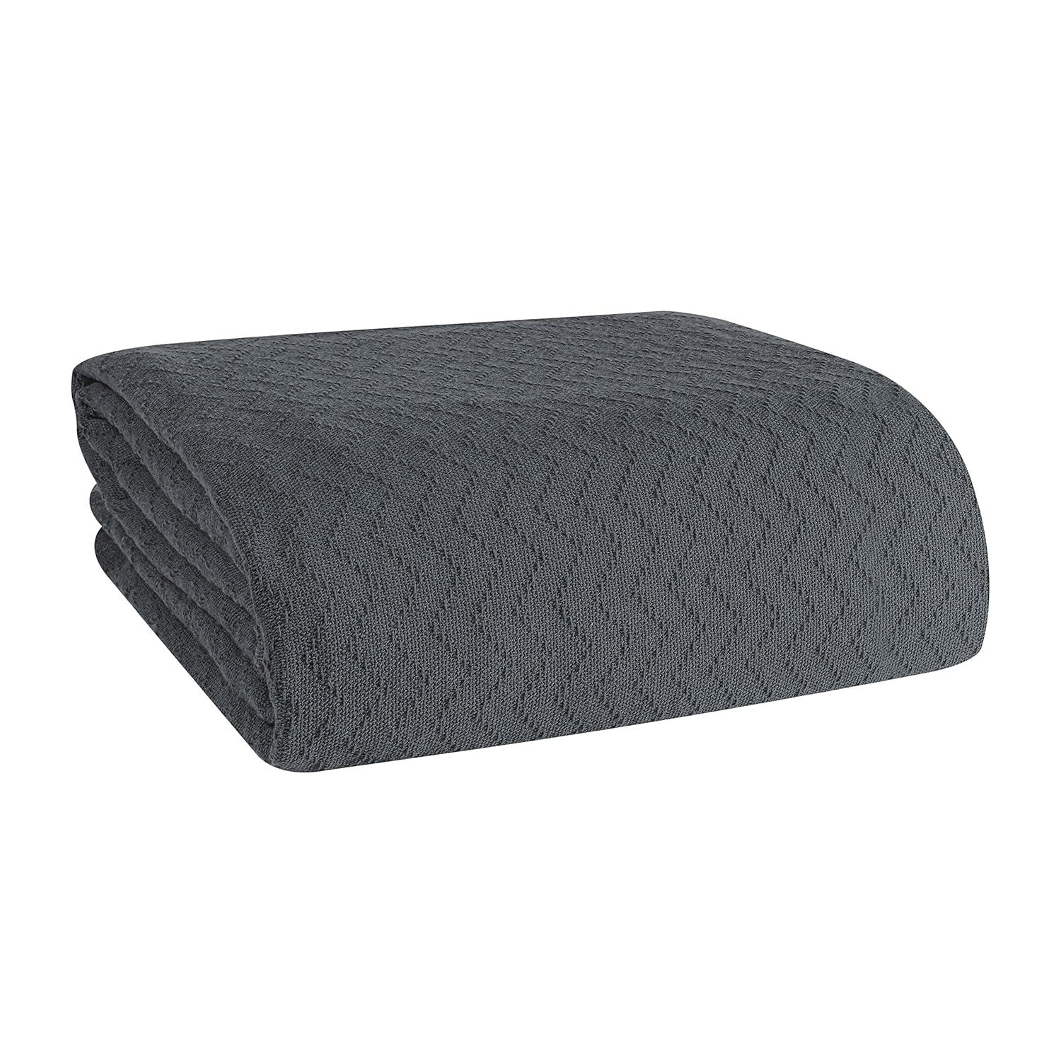 BELIZZI HOME 100% Cotton Bed Blanket, Breathable Thermal Blanket King Size, Soft Chevron 90''x102'', Perfect for Layering Any All Season, Charcoal Grey