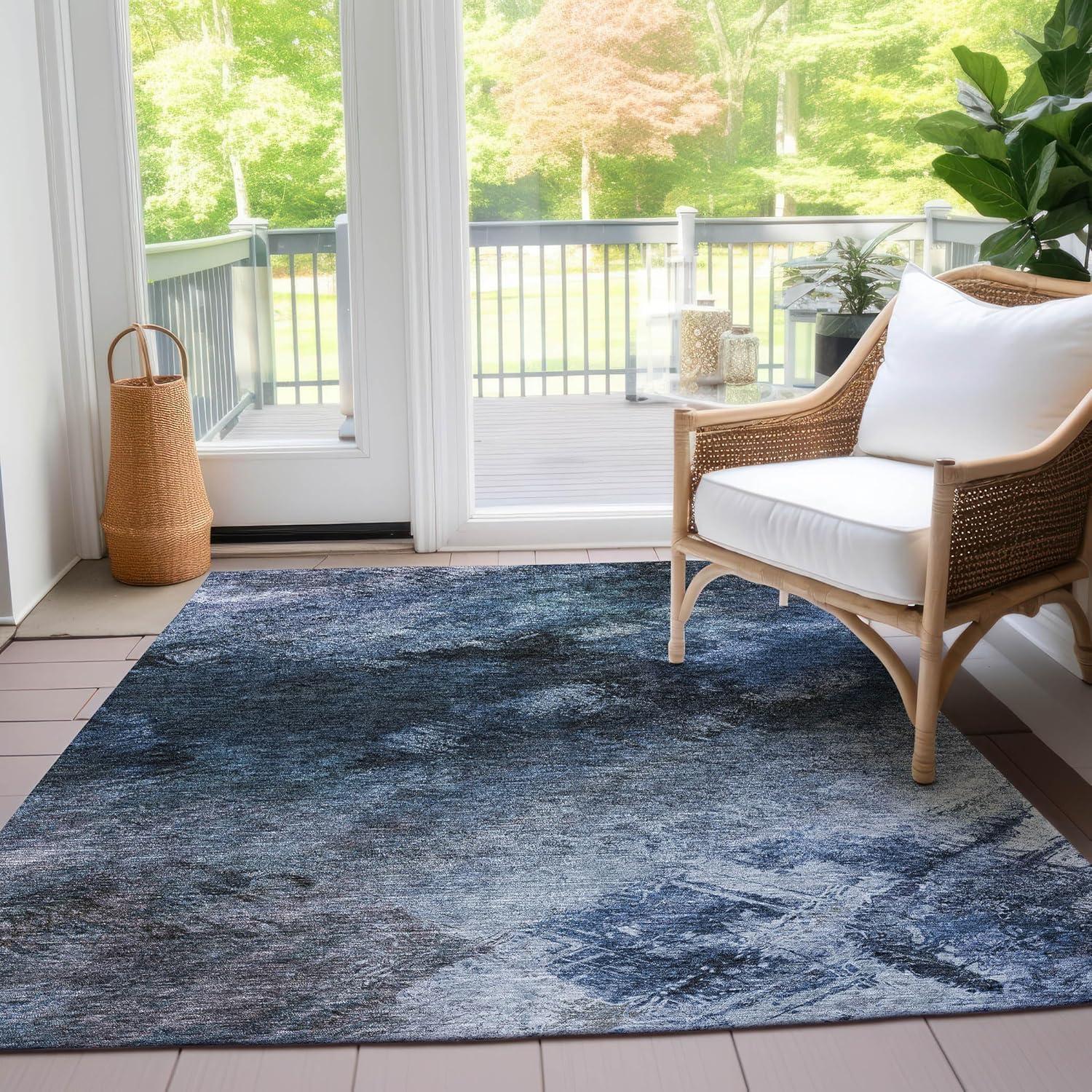 Blue 8' x 10' Machine Washable Synthetic Area Rug