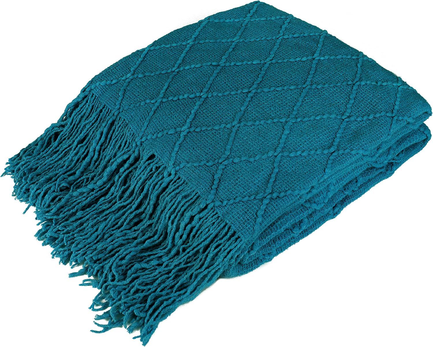 Teal Blue Knitted Fleece Reversible Throw Blanket