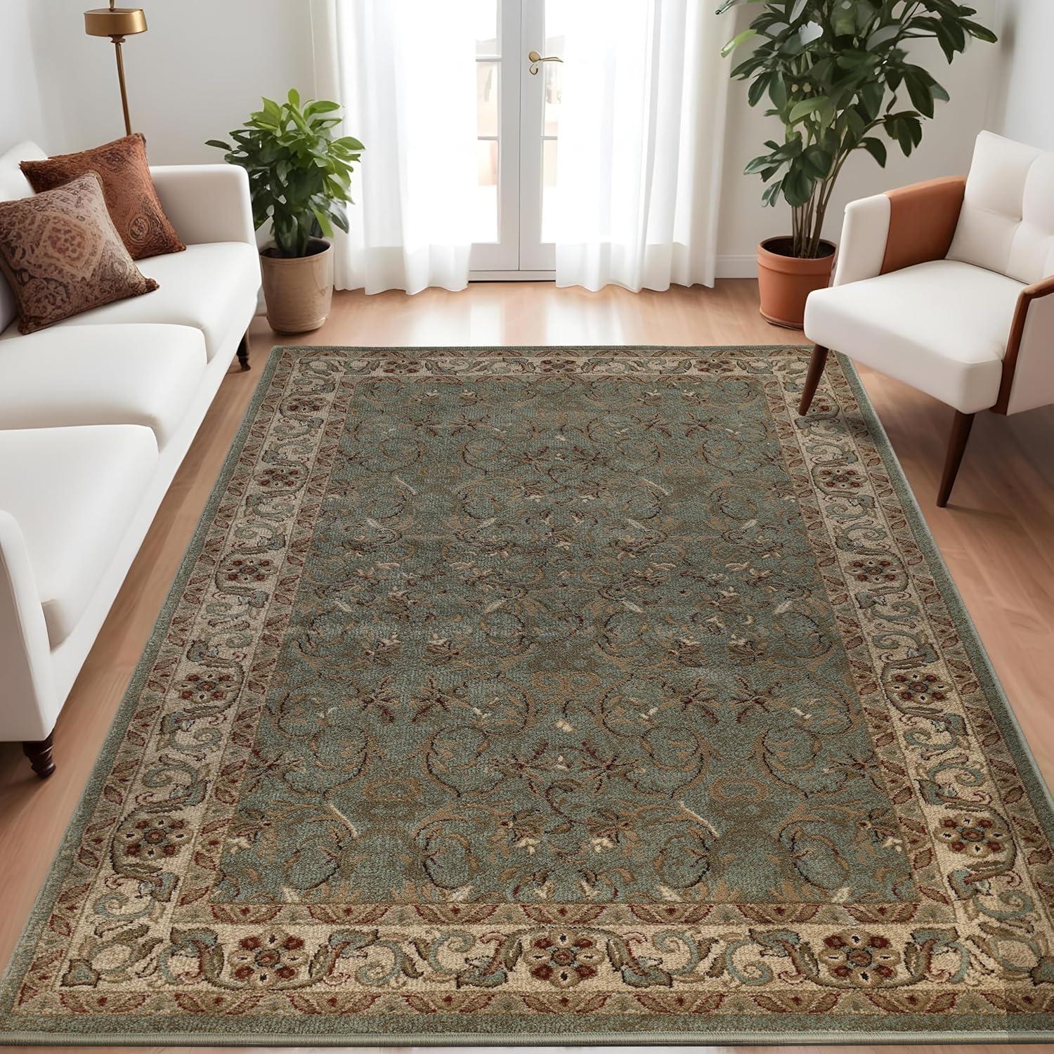 Heritage Dark Green Floral Synthetic 6' x 9' Area Rug