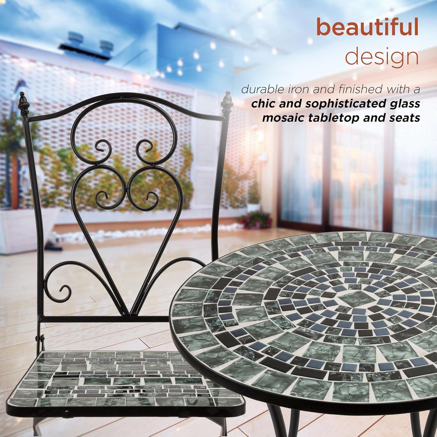 Alpine Corporation 3-Piece Metal Mosaic Tile Bistro Set, Green & Black