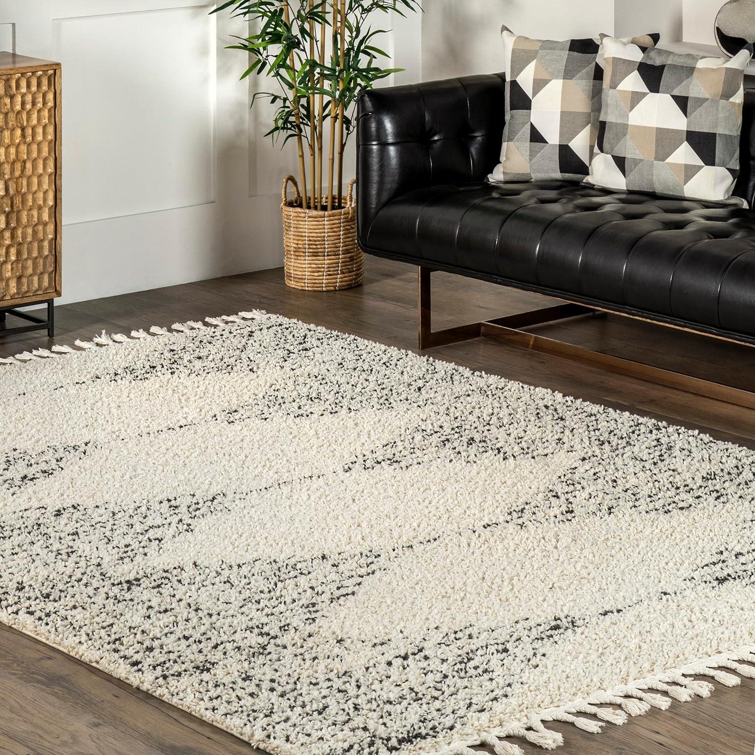 Off-White Synthetic Moroccan Diamond Shag Runner Rug with Braided Tassels