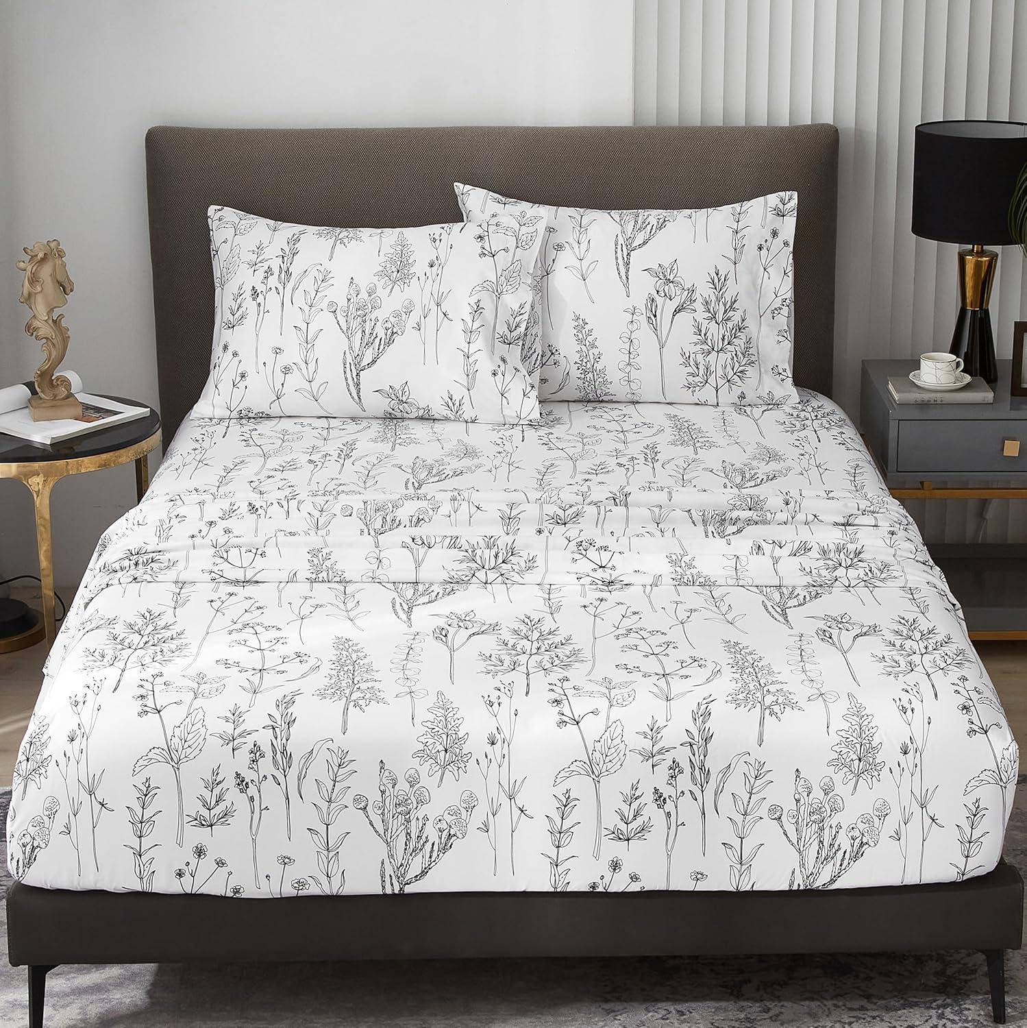 Black and White Floral Microfiber Queen Sheet Set with Deep Pockets