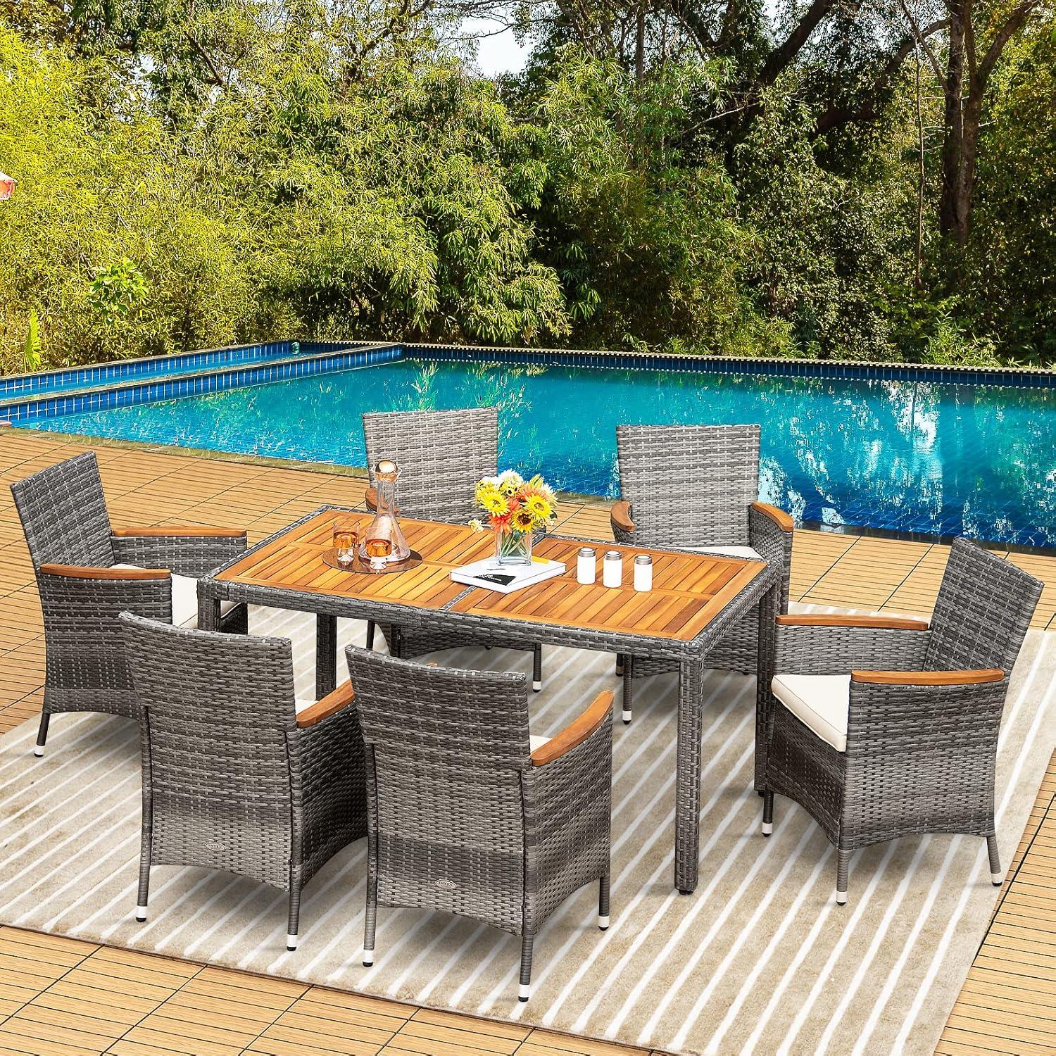 Tangkula 7PCS Patio Rattan Furniture Set Outdoor Conversation Set w/Cushions Acacia Wood Table