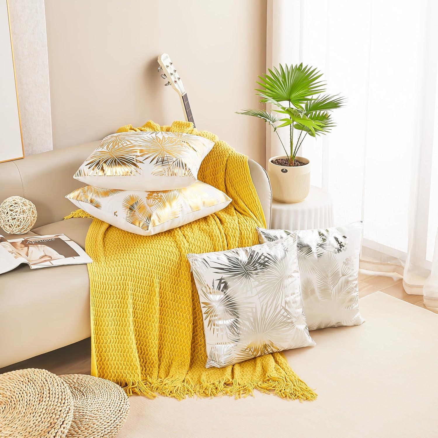 Pack of 4 Decorative Throw Pillow Case Cushion Cover Gold Stamping Leaves 18 x 18 inches 45 x 45 cm for Couch Bedroom Car