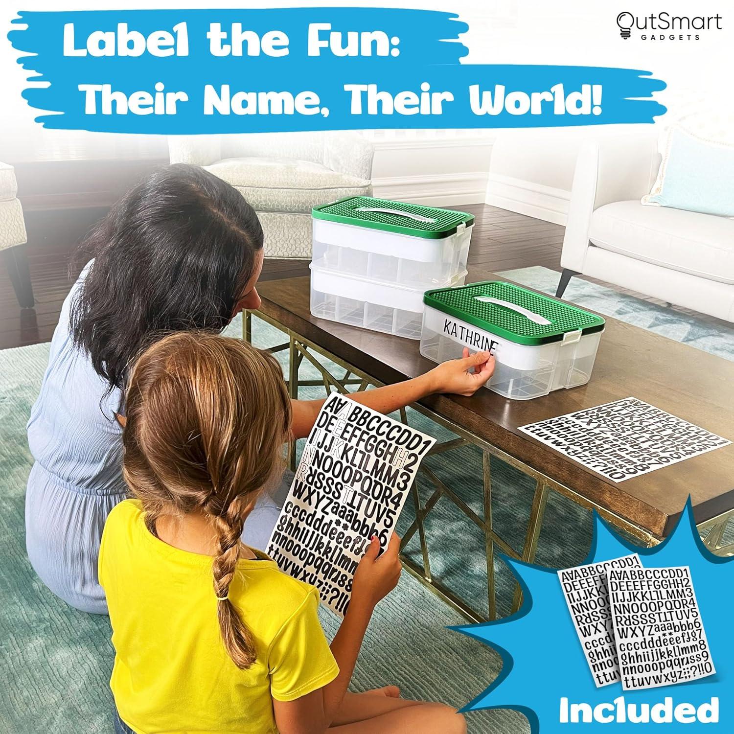 Plastic Stackable Toy Storage Organizer Bin for Lego, Building Bricks, Dolls and Crafts Organization, 3 Layers with Adjustable Compartments, ABC Stickers and 2 Lids Included