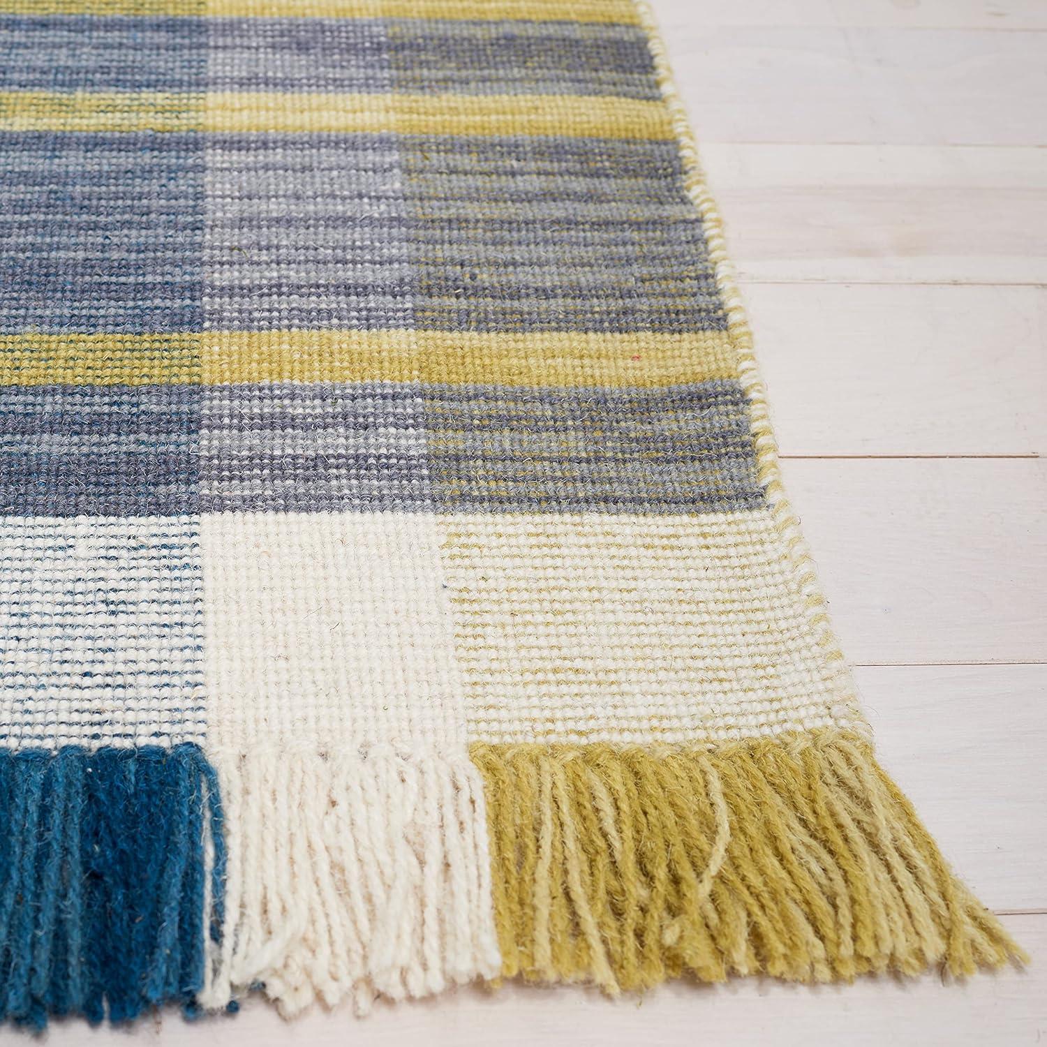 Beige and Teal Striped Wool 9' x 12' Flatweave Area Rug