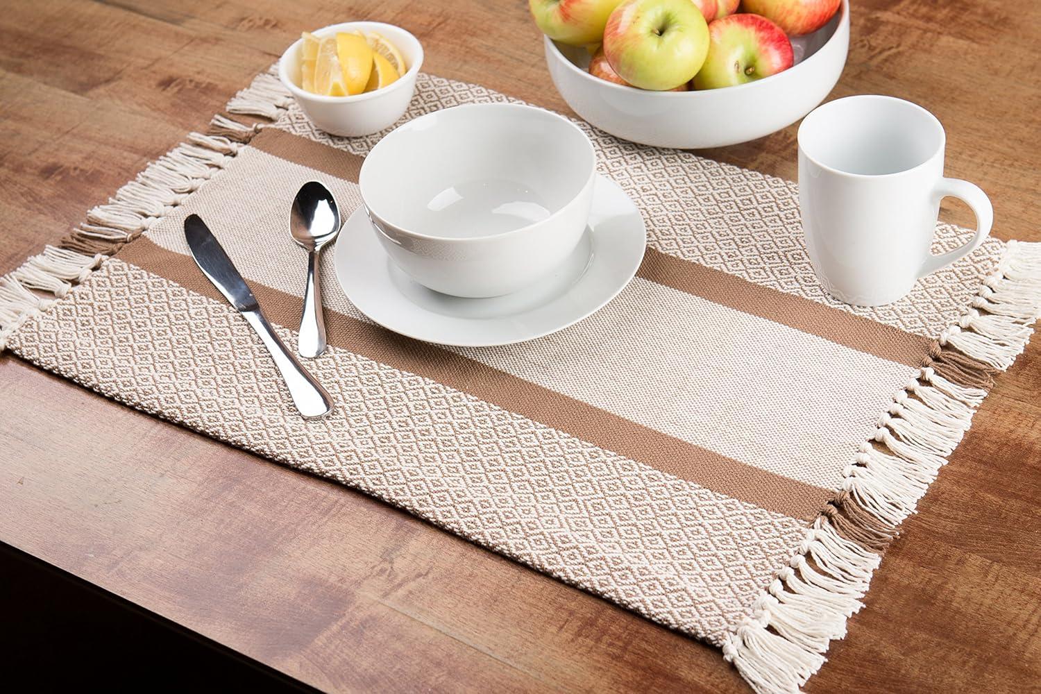 Sticky Toffee Cotton Woven Placemat Set with Fringe, Traditional Diamond, 4 Pack, Tan, 14 in x 19 in