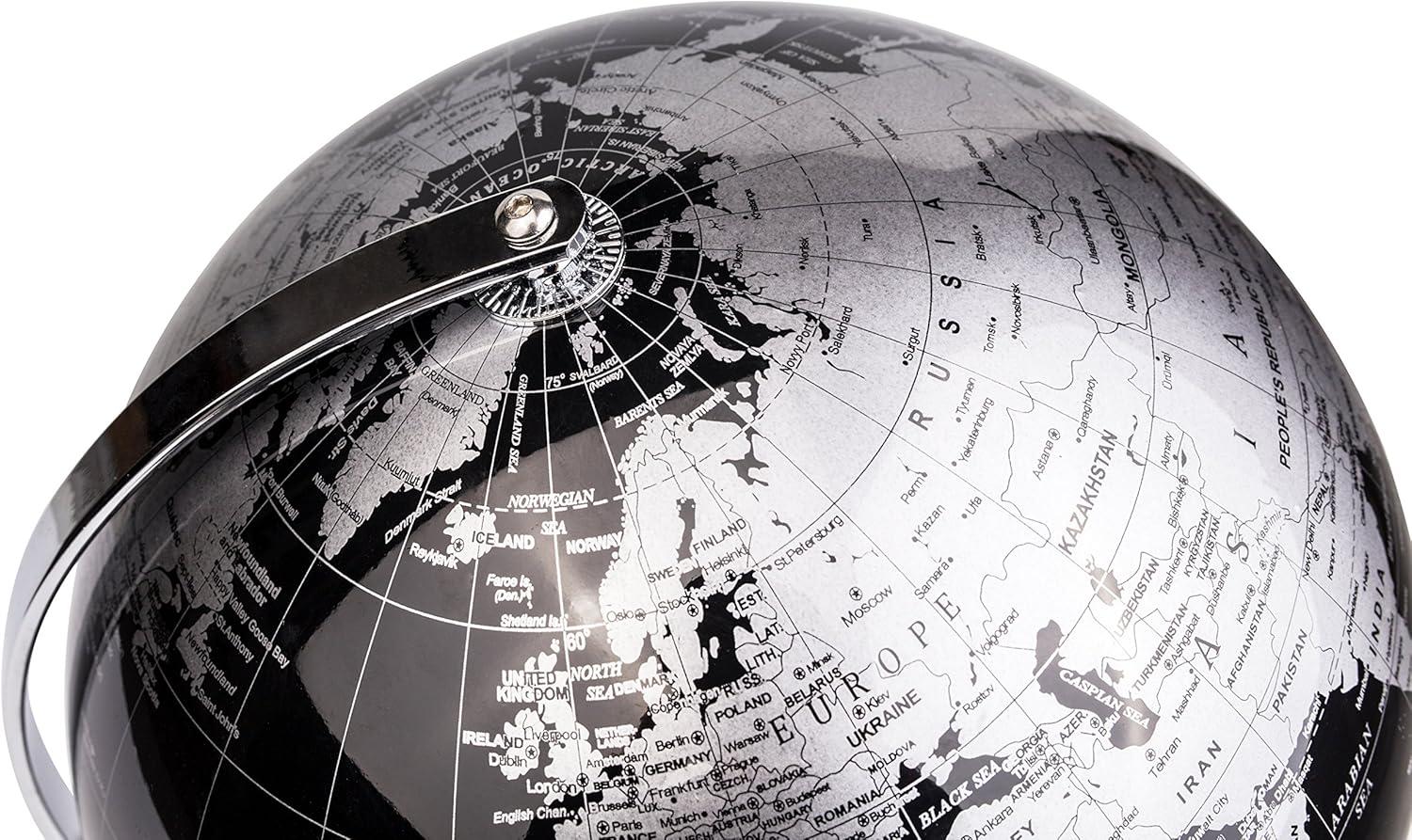 ANNOVA Metallic World Globe Black – Educational/Geographic/Modern Desktop Decoration - Stainless Steel Arc and Base/Earth World - Metallic Black - for School, Home, and Office (8-Inch)