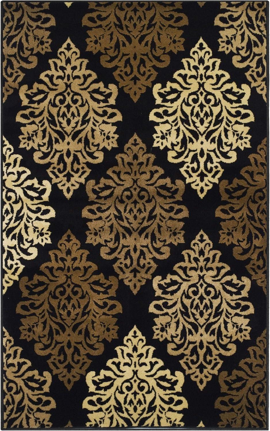 Black and Beige Floral Damask 4' x 6' Synthetic Area Rug