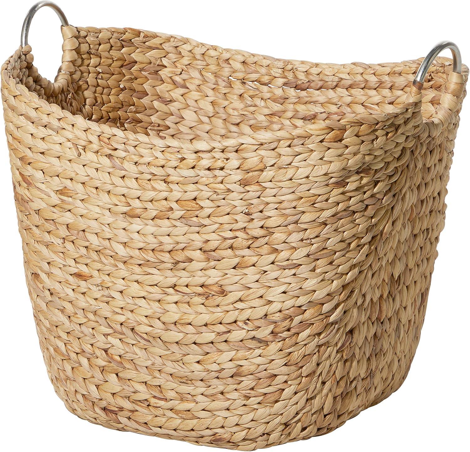 DecMode 21" x 19" Brown Seagrass Handmade Large Woven Storage Basket with Ring Metal Handles, 1-Piece