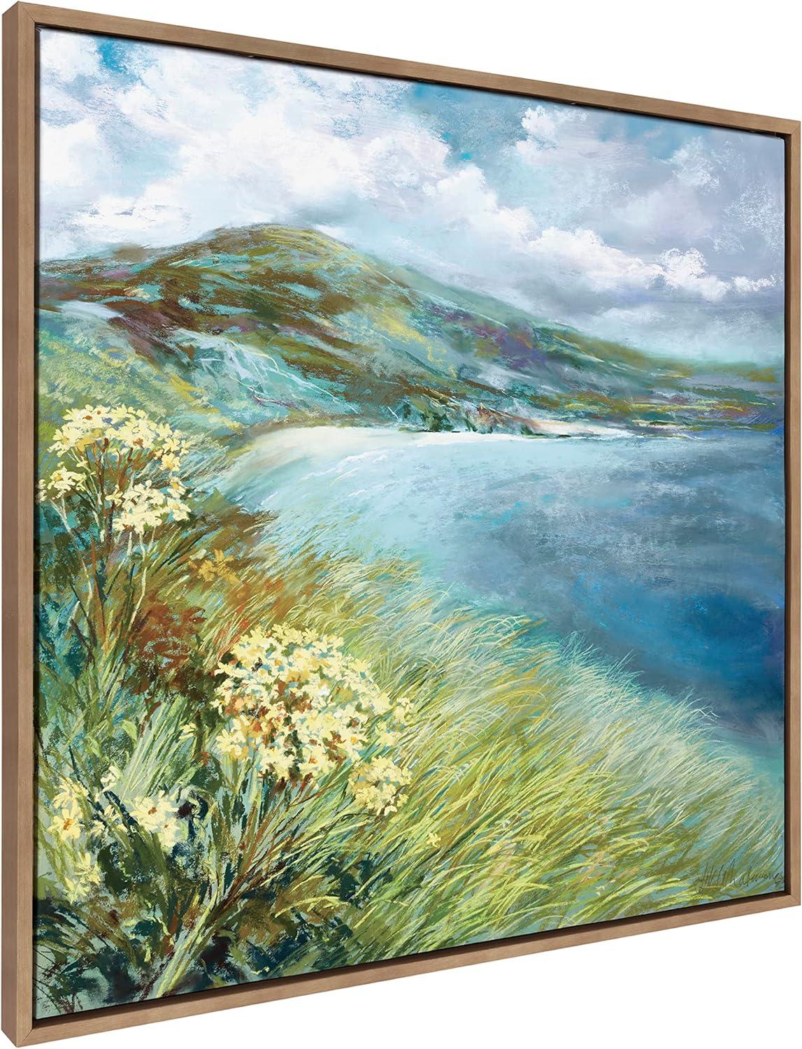 Kate and Laurel Sylvie Emerald Isle Ring of Kerry Framed Canvas Wall Art by Nel Whatmore, 30x30 Gold, Beach Mountain Landscape Art for Wall Home Decor