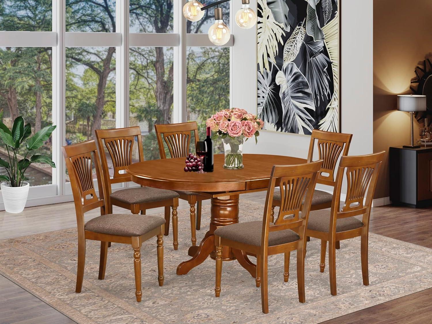 Saddle Brown Oval Dining Table with 6 Linen Upholstered Chairs