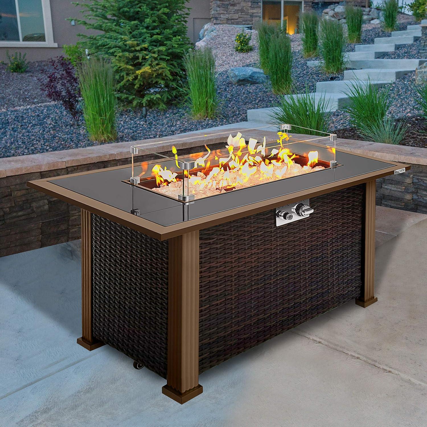 SereneLife Outdoor Propane Gas Fire Pit Table - 50,000 BTU Auto-Ignition Gas Firepit with Glass Wind Guard - SLFPTL.5