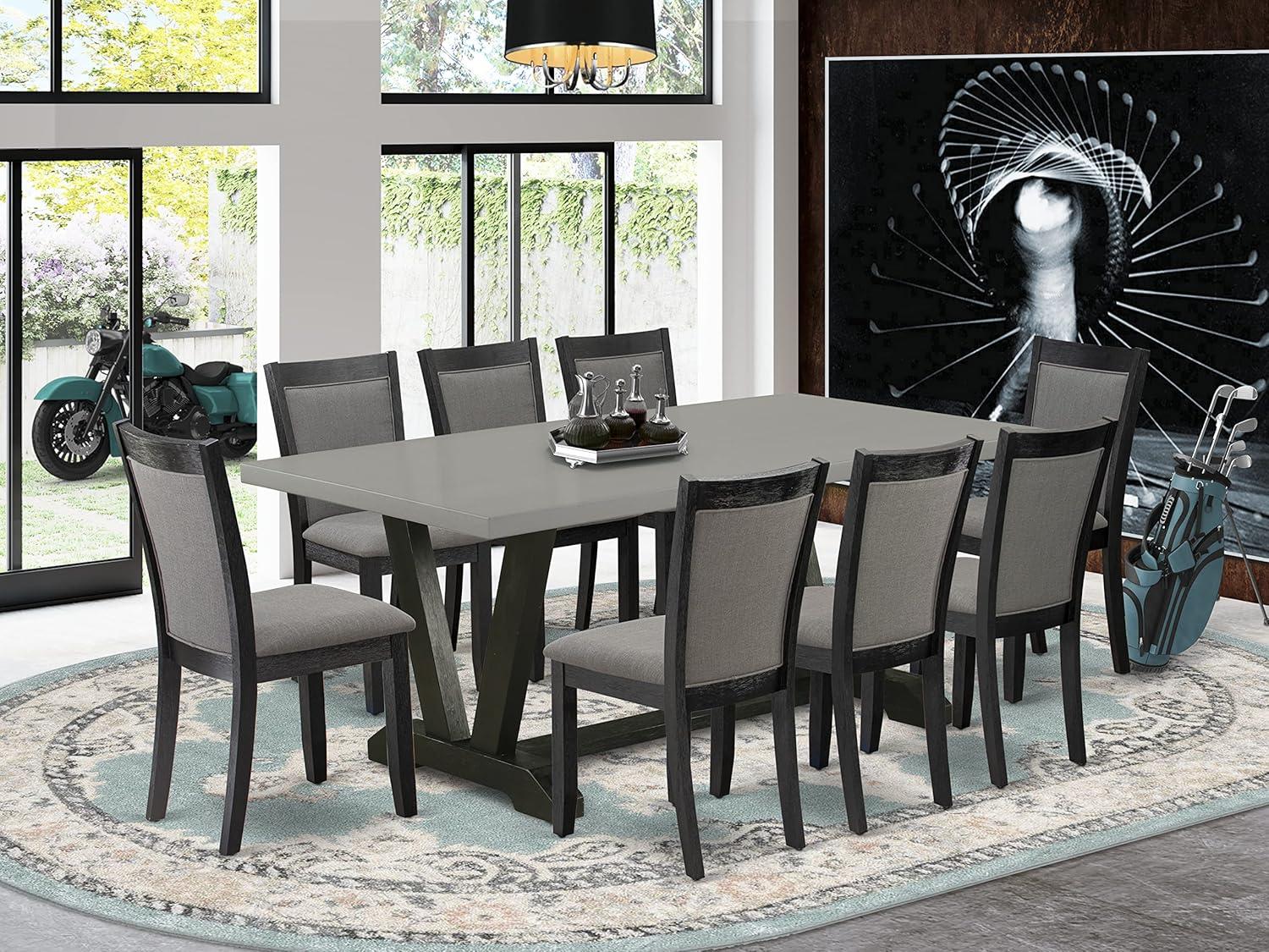 East West Furniture V-Style 9-Piece Wood Dining Set in Dark Gray/Cement/Black