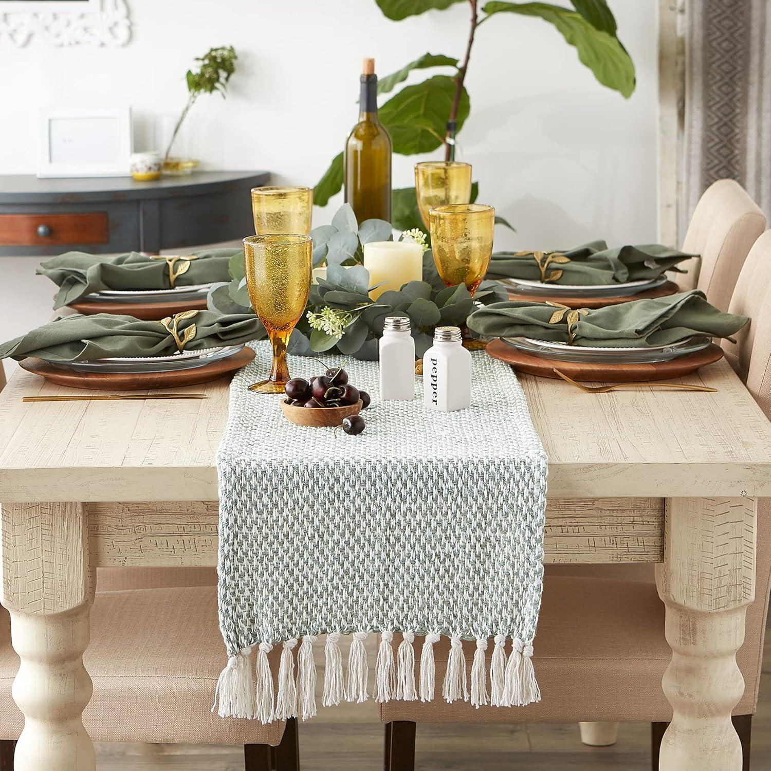 Jadeite Woven Cotton Knit Table Runner with Fringe, 15x72