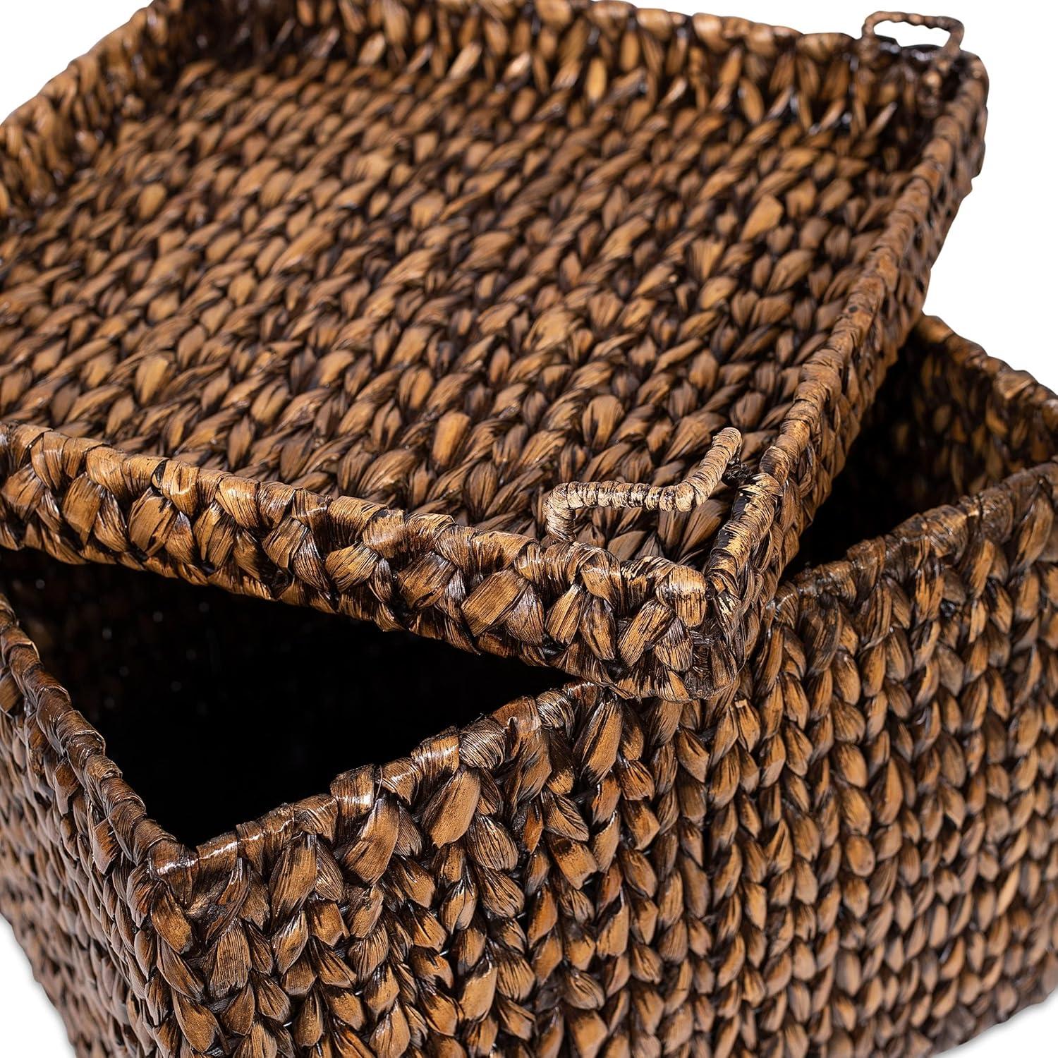 Storage Cube Box with Lid - Brown Wash Seagrass - Hand Woven Container for Blankets Pillows - Sturdy Metal Frame