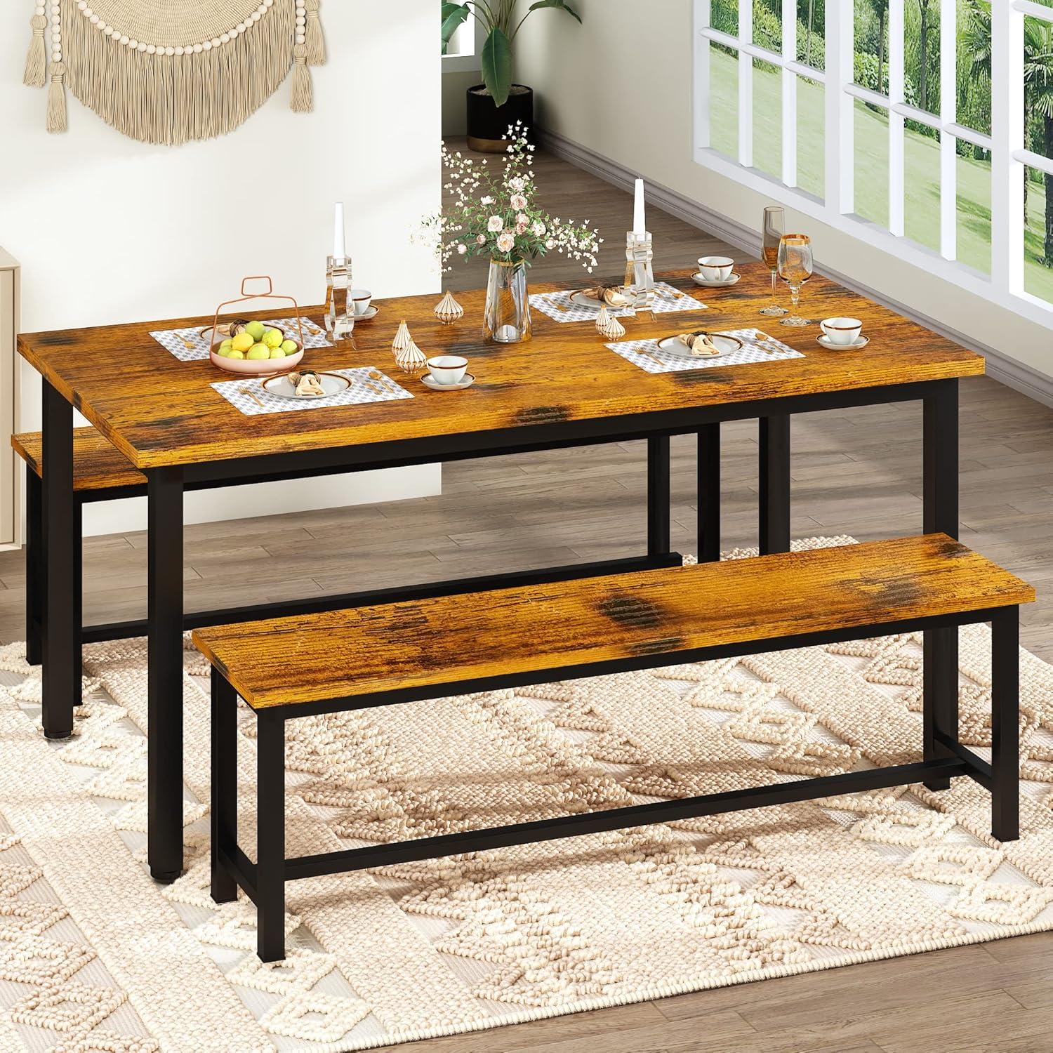 Rustic Brown Engineered Wood Dining Table Set with Benches