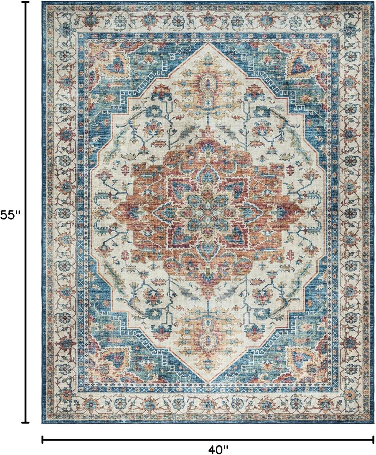 Gertmenian Crystal Print Tiefi Blue Red Multi Traditional Medallion Washable Flat Pile Indoor Area Rug