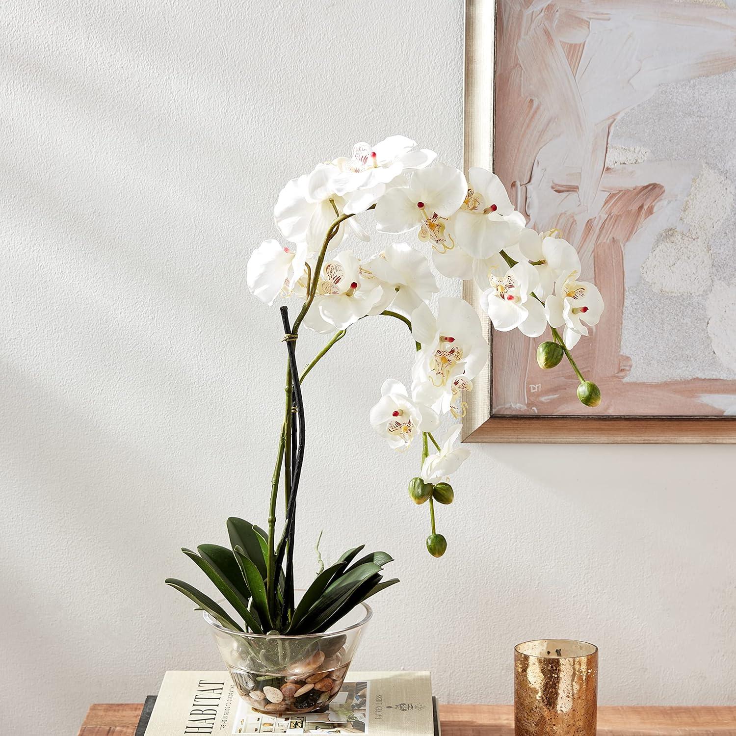 Nearly Natural 18" x 16" Artificial Phalaenopsis Orchid with Glass Vase White: Elegant Faux Orchid Display for Indoor Decor