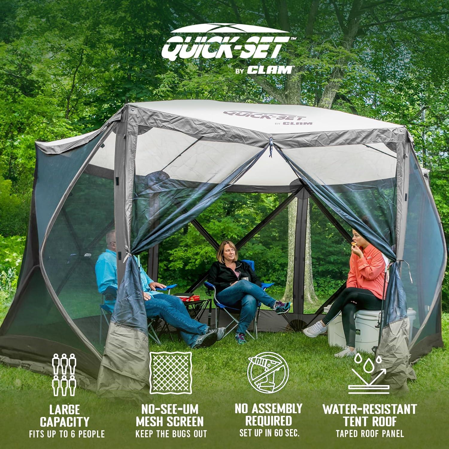 CLAM Quick-Set Escape 11.5 x 11.5 Ft Portable Pop-Up Outdoor Camping Screen Tent 6-Sided Canopy Shelter w/ Netting, Ground Stakes, & Carry Bag, Gray