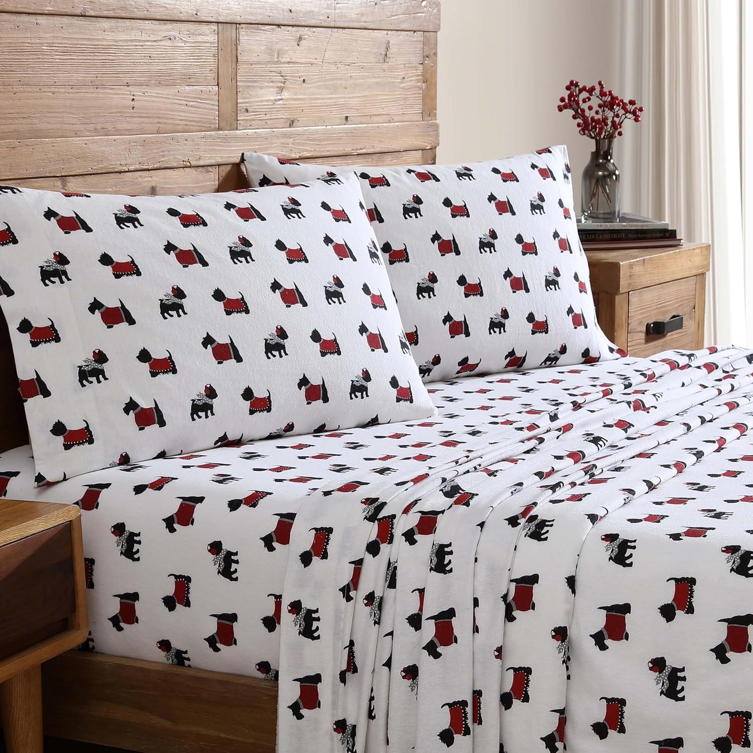 Beatrice Home Fashions 3-Piece Winter Holiday Flannel Sheet Set, Soft, Cozy, 100% Cotton, 15-inch Deep Pockets, Twin, Warm Doggies Red