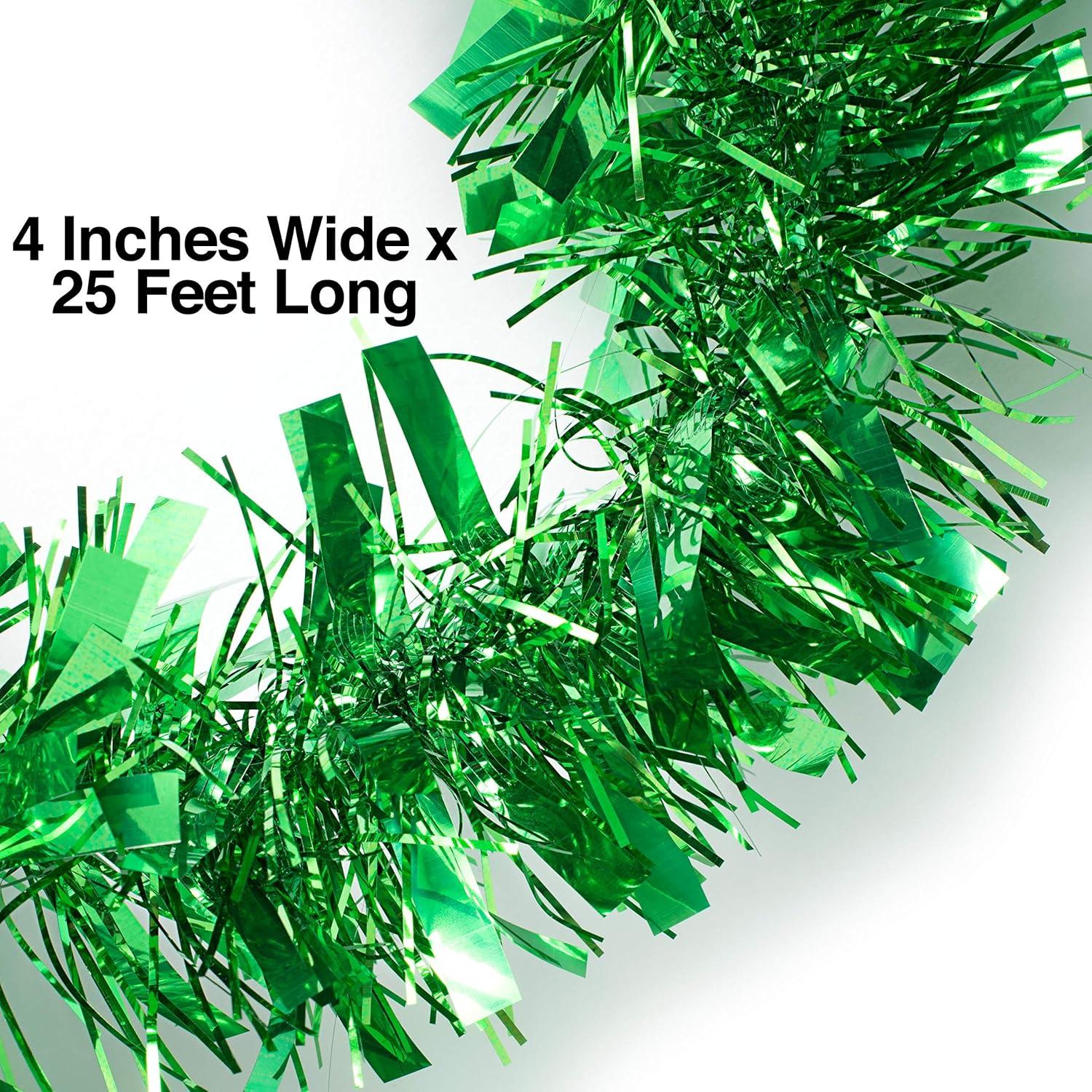 25 ft Long Roll Green Tinsel Twist Garland, Shiny Metallic Foil decorations for Parade Floats, Halloween, Christmas Eve, New Year Parties (4" x 25' roll, Green)