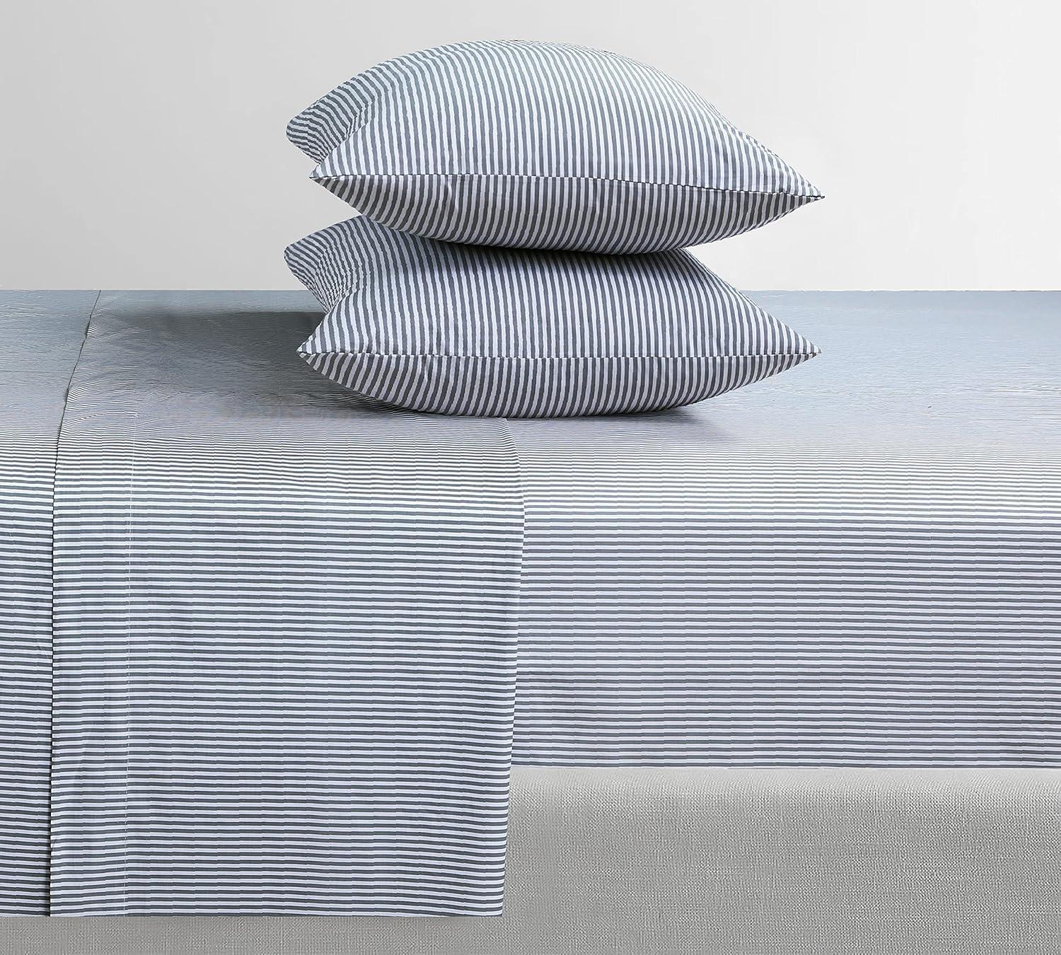 Queen Grey Stripe Cotton Percale Deep Pocket Sheet Set