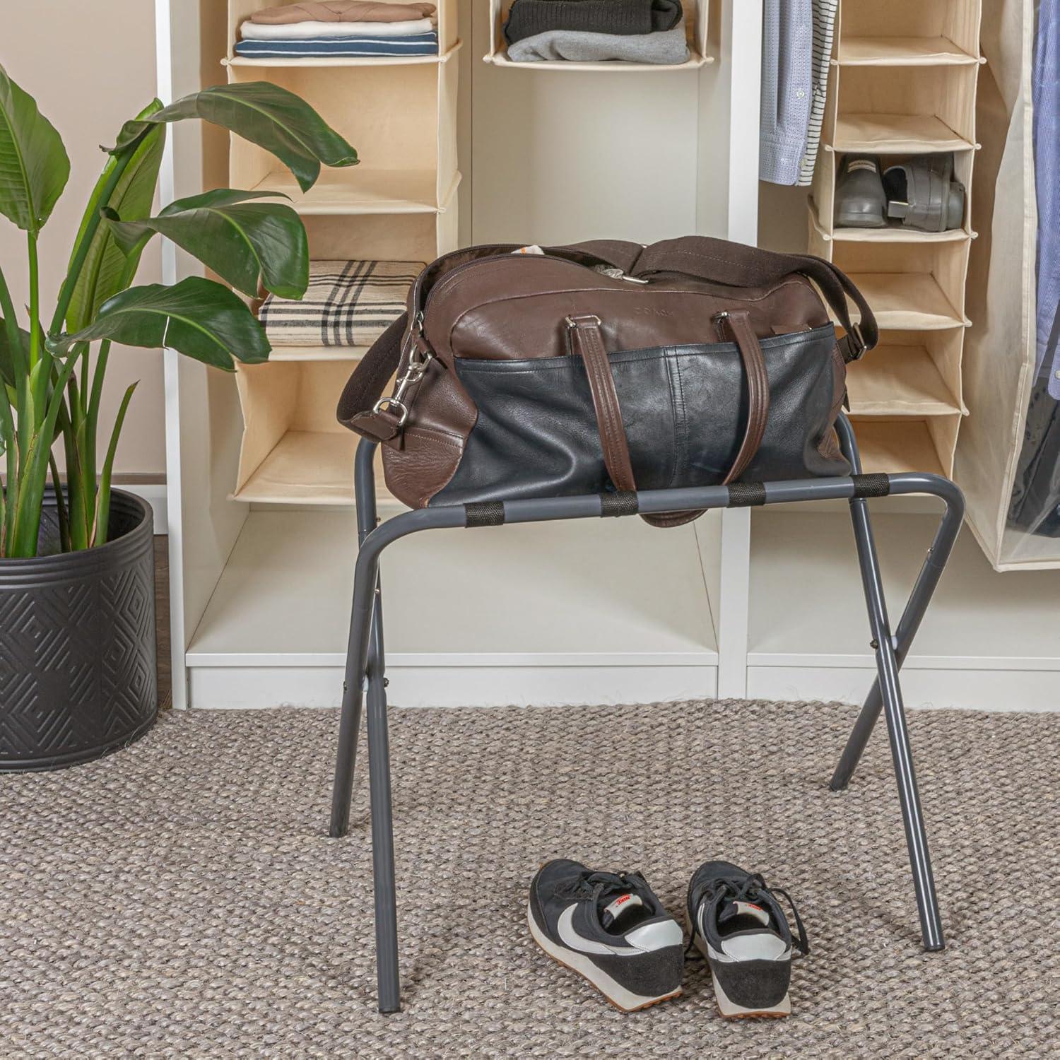 Gray and Black Collapsible Luggage Rack with Metal Frame