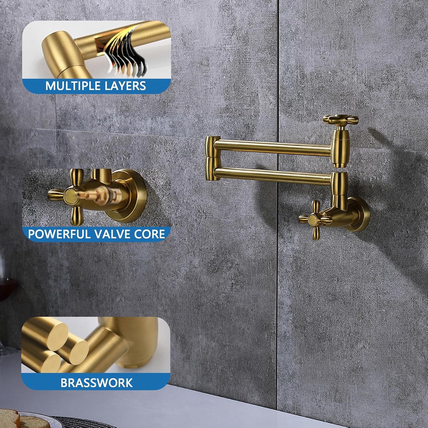 Besdor Pot Filler Faucet Brushed Gold Wall Mount Over Stove Faucet, Commercial Brass Pot Filler Faucet Gold, Double Joint Swing Arms, Single Hole Two Handles Folding Kitchen Faucet