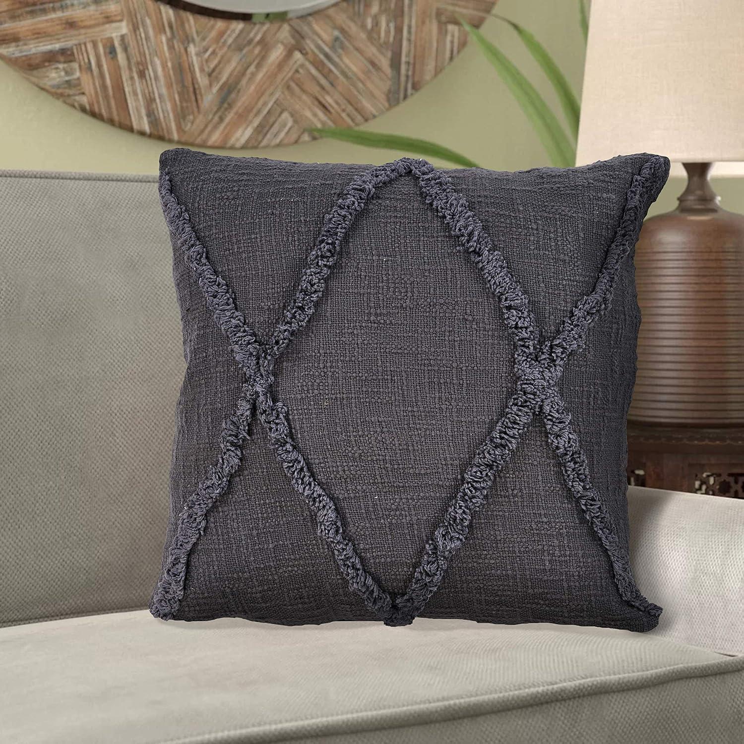 Dark Gray Embroidered Cotton Square Throw Pillow, 20" x 20"