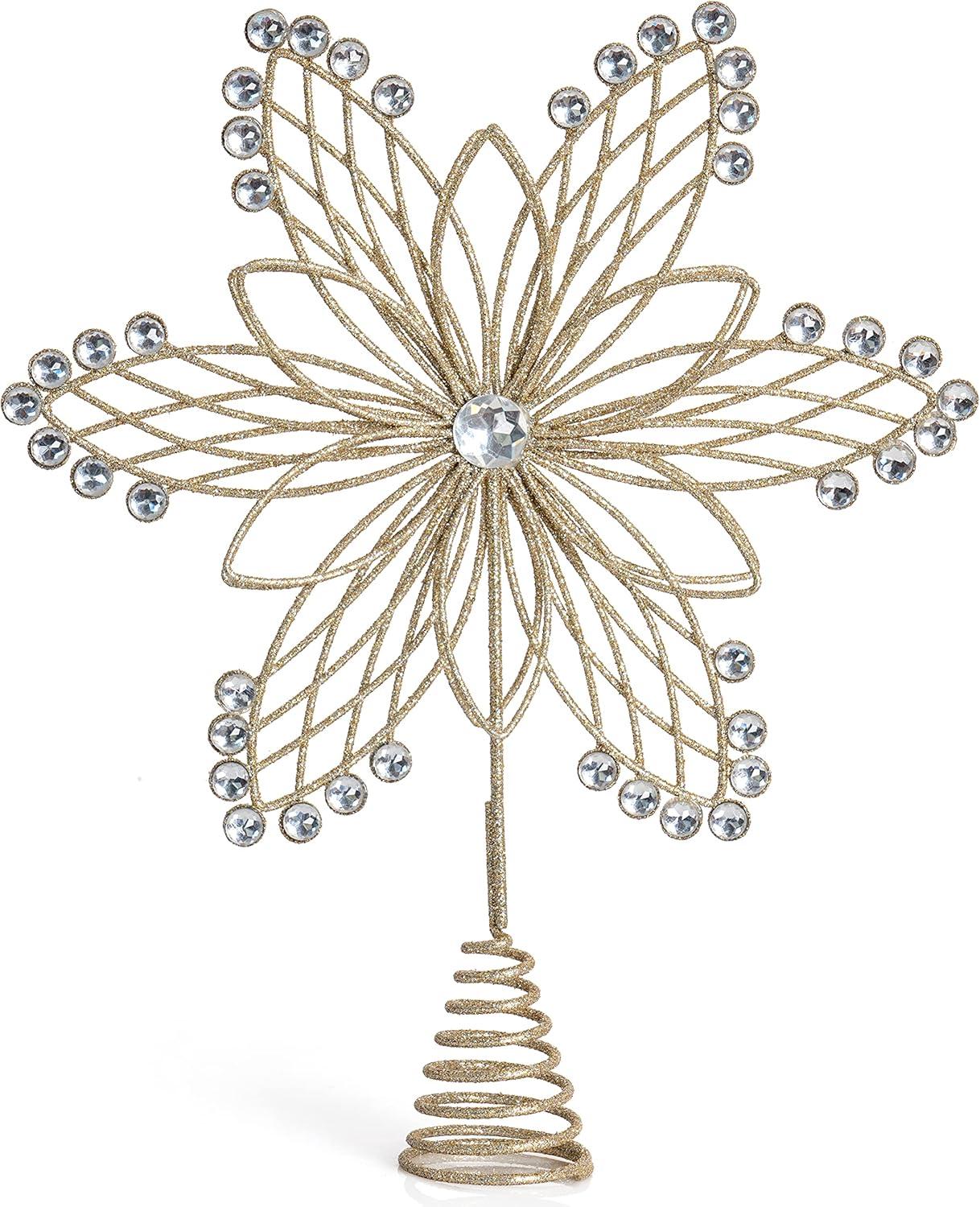 Gold Glitter Metal Flower Tree Topper with Silver Gems