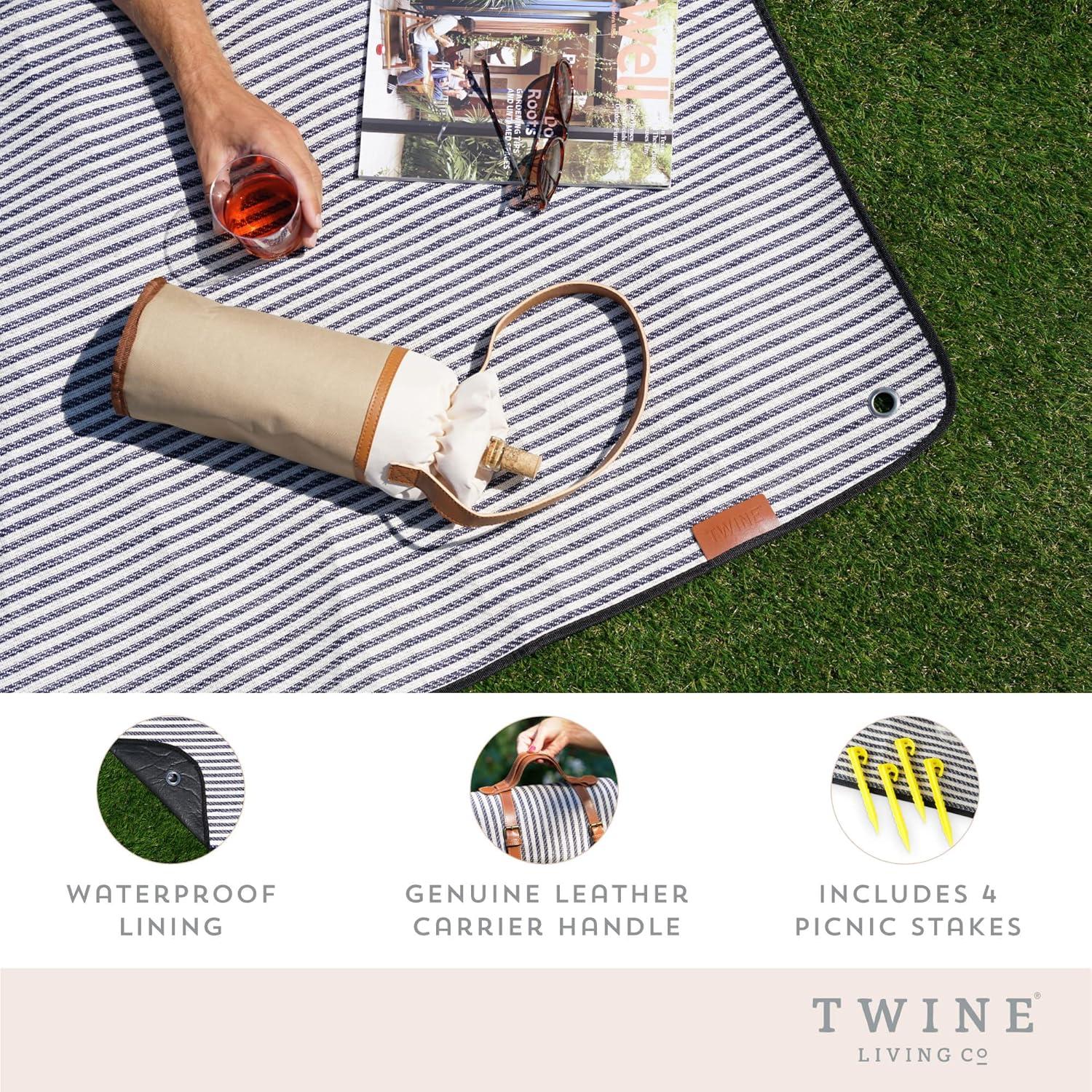 Twine Picnic Blanket - Waterproof Outdoor Blanket with Leather Carrying Straps and Picnic Stakes - Navy/White Striped 6pc Set of 1