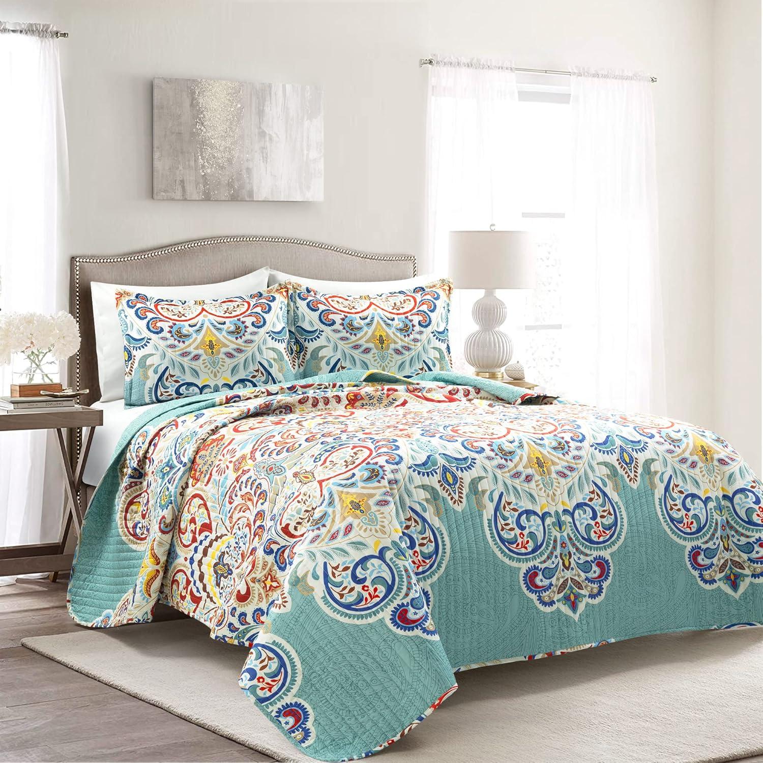 Lush Decor Boho Chic Reversible Oversized Cotton Quilt Seafoam/Red 3Pc Set Full/Queen
