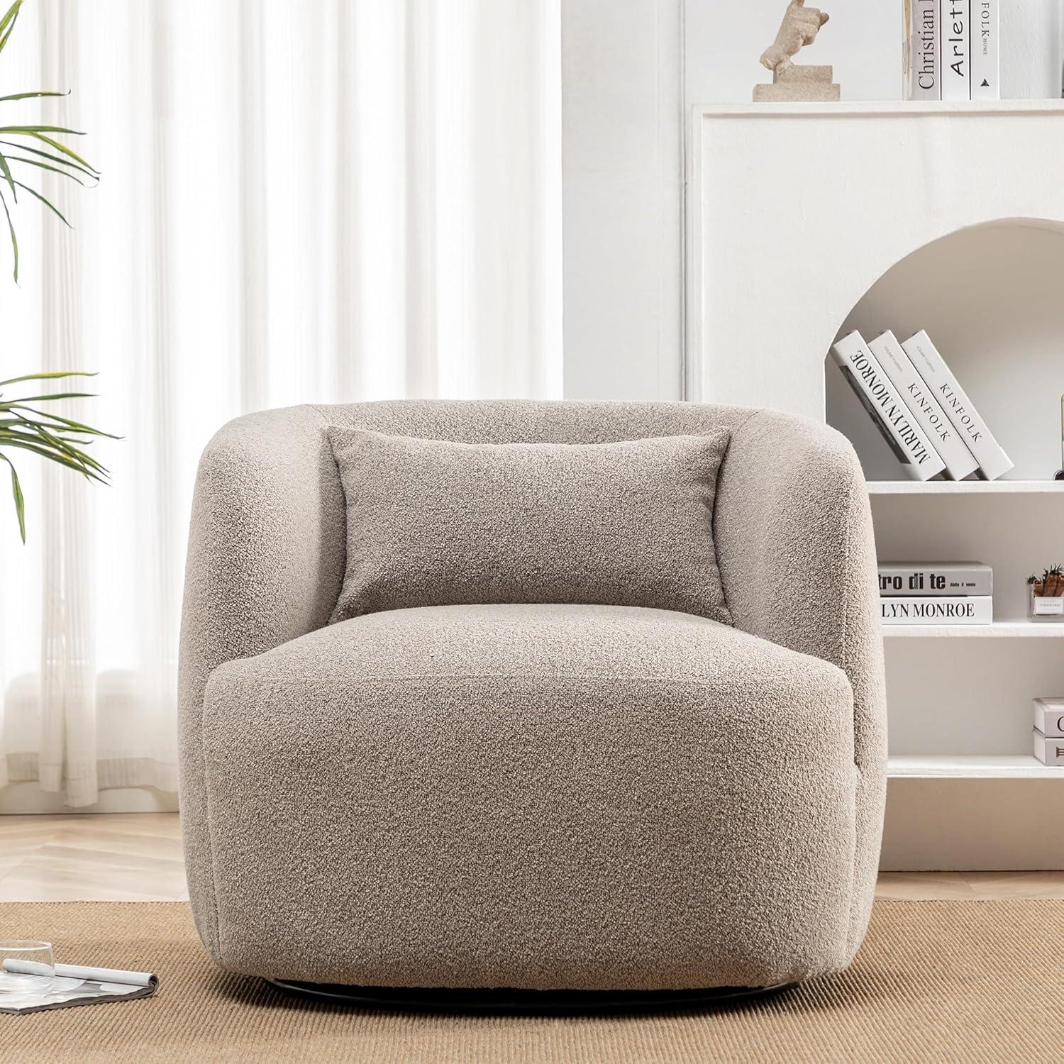 Boucle Upholstered Swivel Armchair Taupe - Kinwell: Pine Frame, 360° Metal Base, 300 lbs Capacity