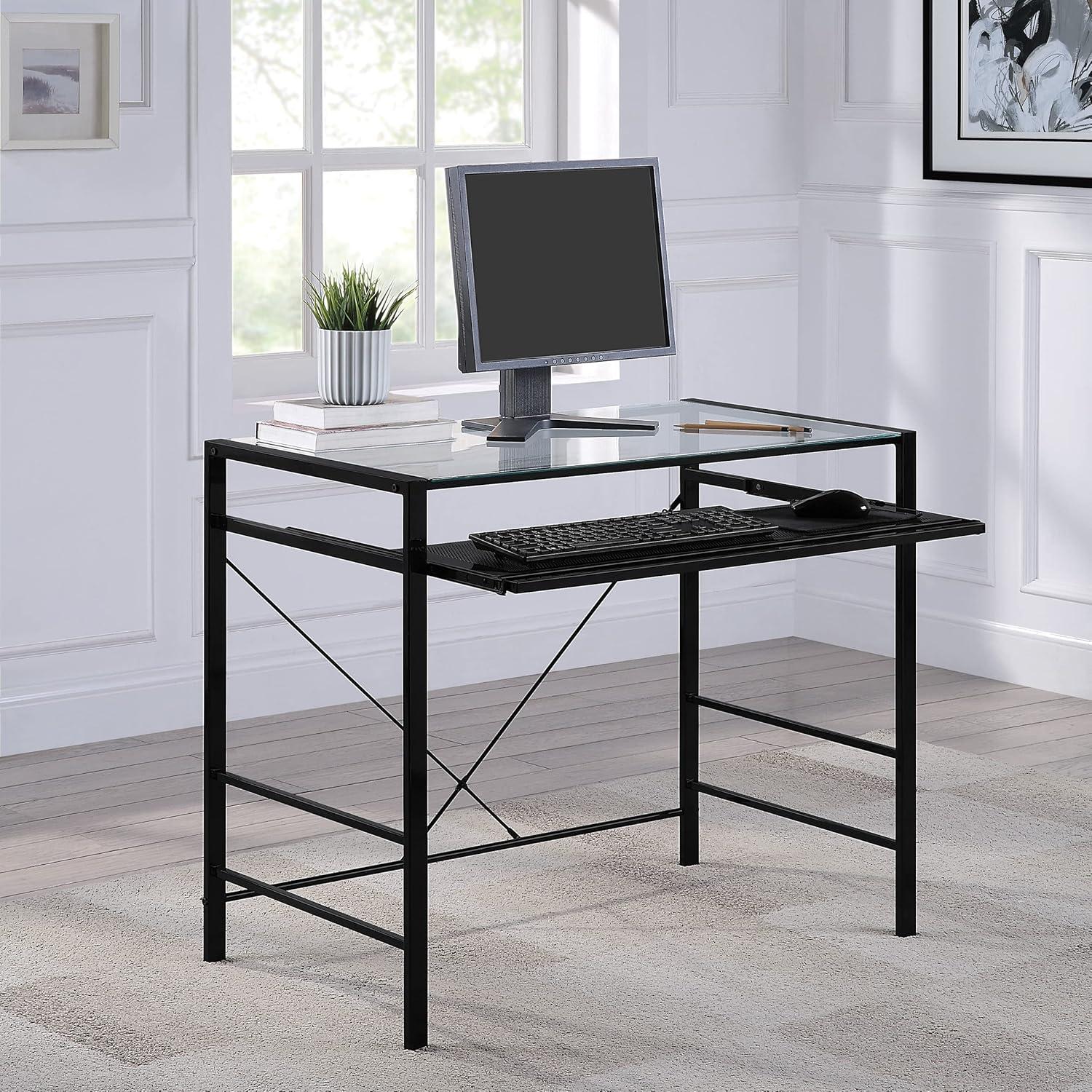 Zephyr Clear Glass and Black Frame Computer Desk with Keyboard Tray