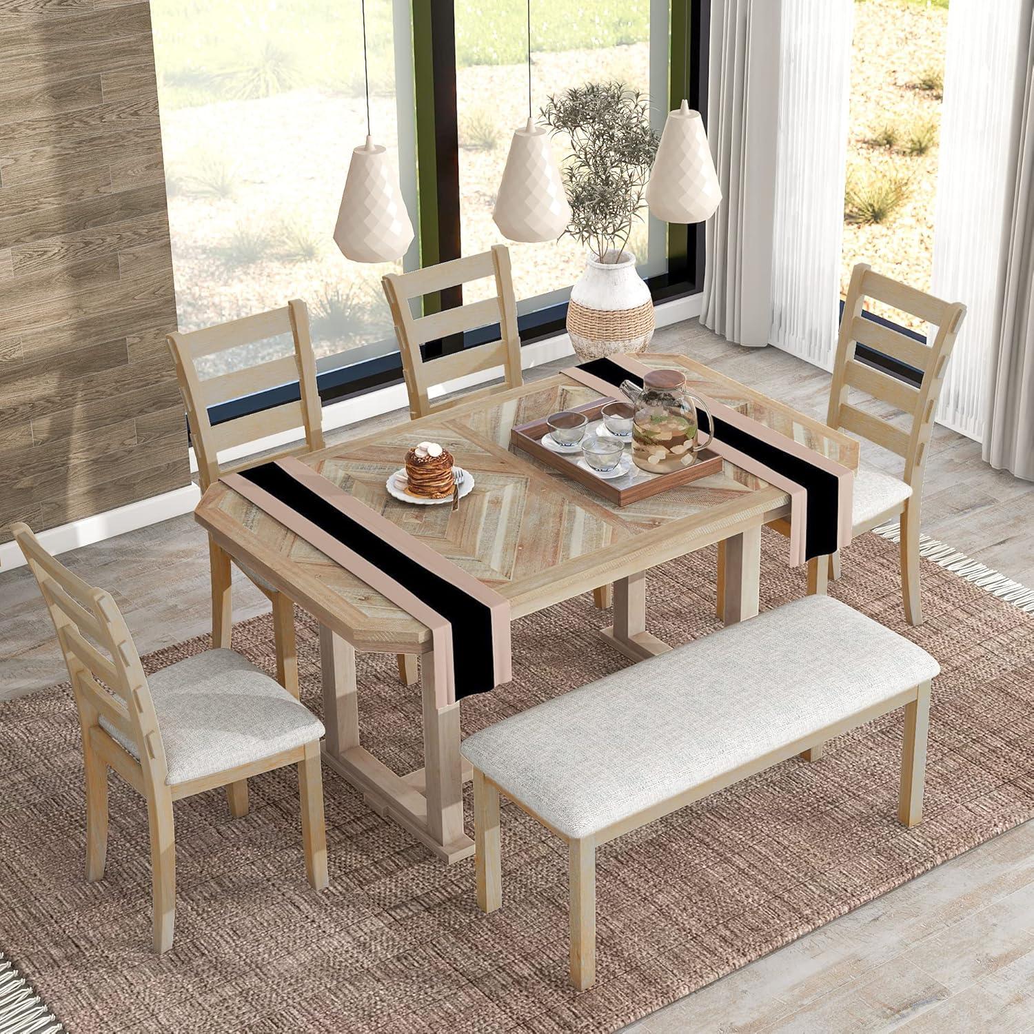Dining Table Set for 6, 6 Piece Wood Kitchen Table Set, Dining Table and Chairs Set, Home Furniture Table Set with Chairs & Bench, Natural Wood Wash