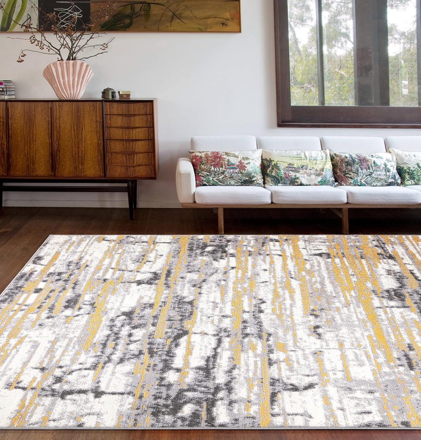 Reversible Vintage Abstract 5' x 7' Yellow Synthetic Area Rug