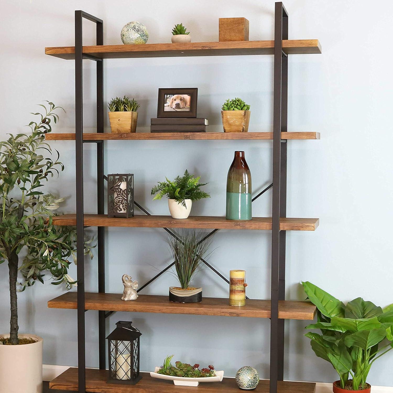 Sunnydaze 5 Shelf Industrial Style Freestanding Etagere Bookshelf with Wood Veneer Shelves